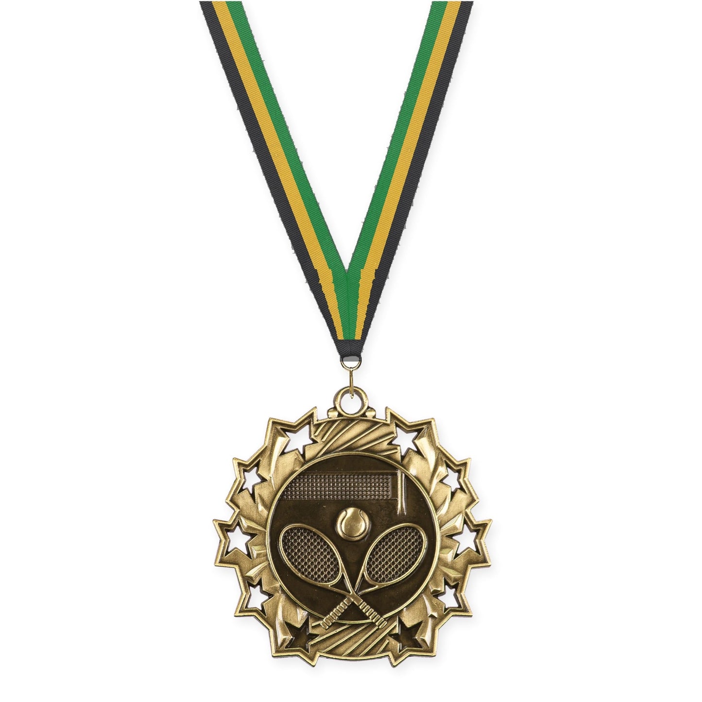 2 1/4 inch tennis Ten Star medal in antique gold with Black Gold Green neck ribbon
