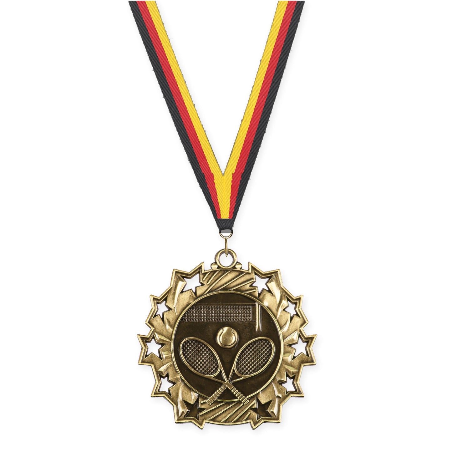 2 1/4 inch tennis Ten Star medal in antique gold with Black Red Yellow neck ribbon
