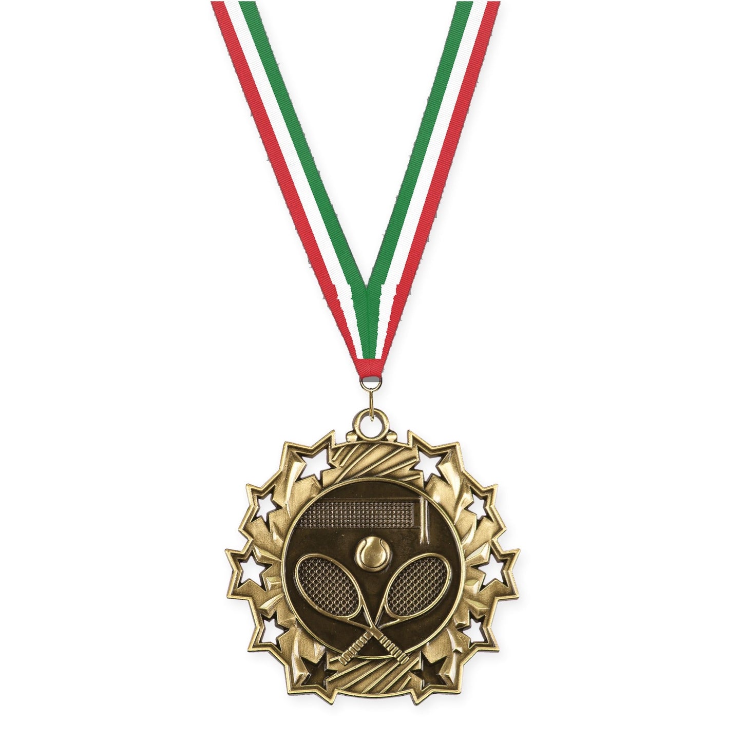 2 1/4 inch tennis Ten Star medal in antique gold with Red White Green neck ribbon