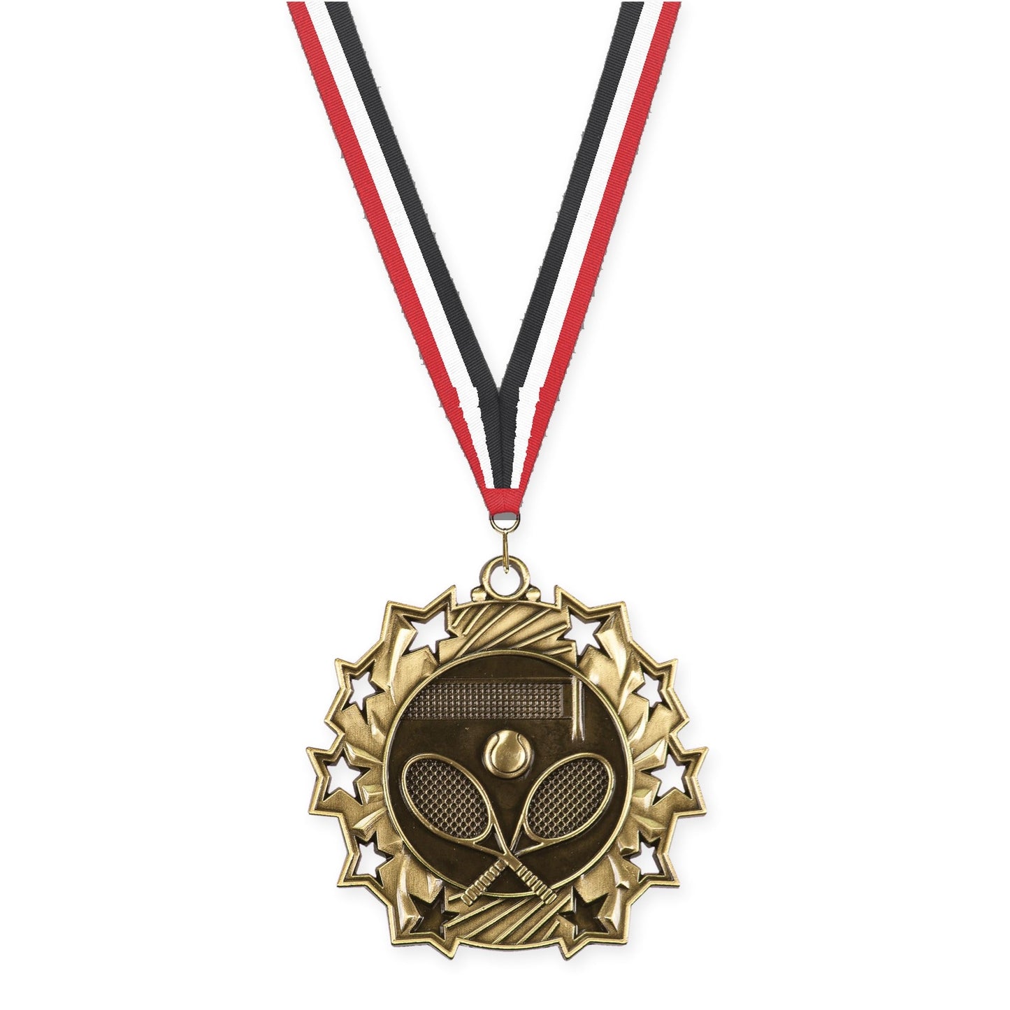 2 1/4 inch tennis Ten Star medal in antique gold with Red White Black neck ribbon