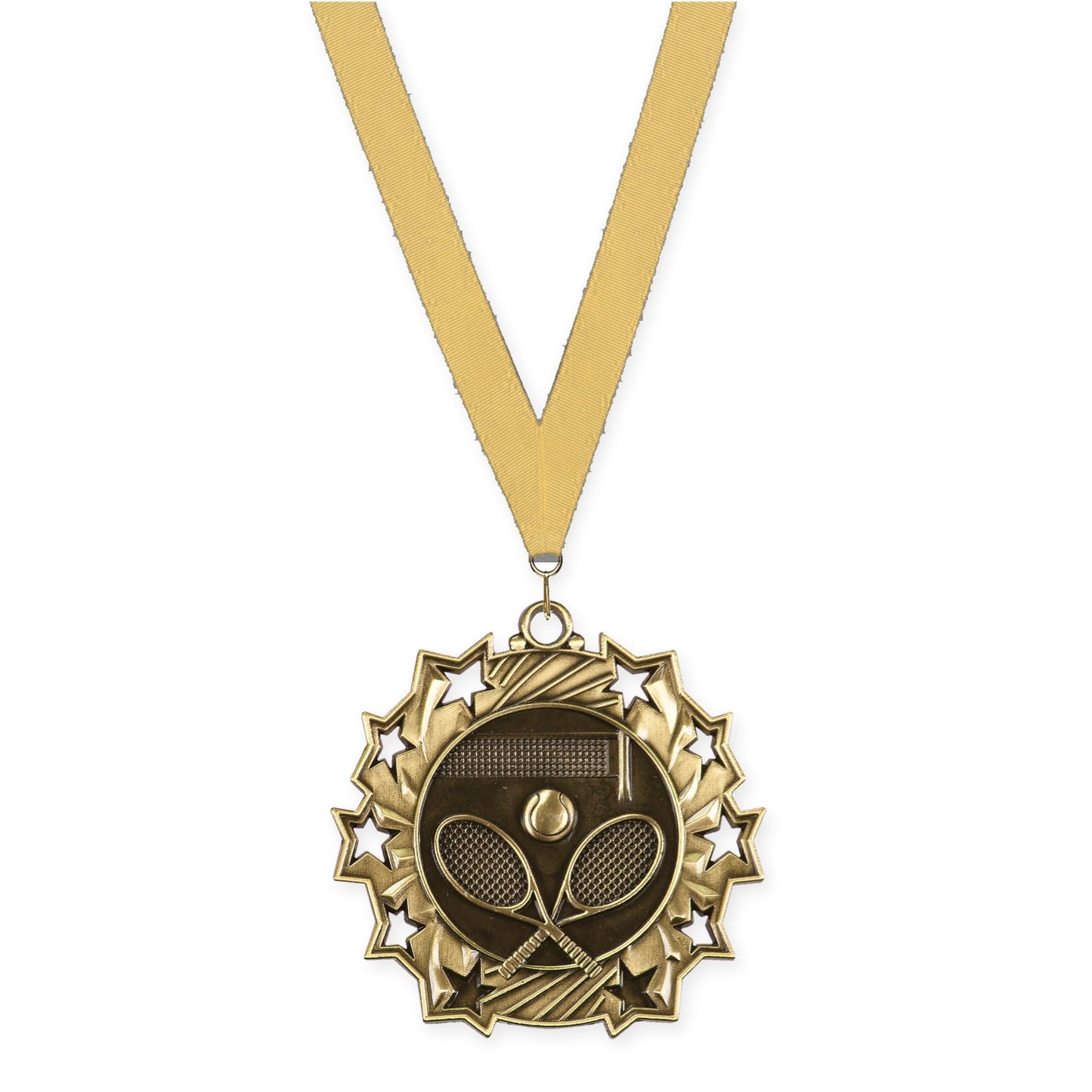 2 1/4 inch tennis Ten Star medal in antique gold with Gold Metallic neck ribbon