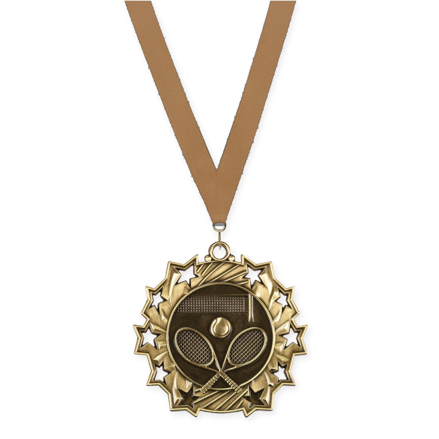 2 1/4 inch tennis Ten Star medal in antique gold with Bronze Metallic neck ribbon