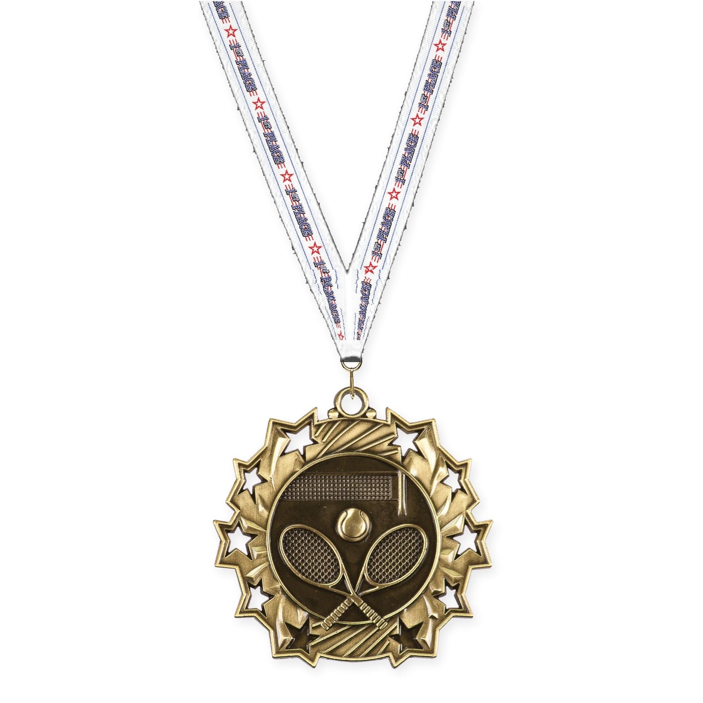 2 1/4 inch tennis Ten Star medal in antique gold with 1st Place neck ribbon