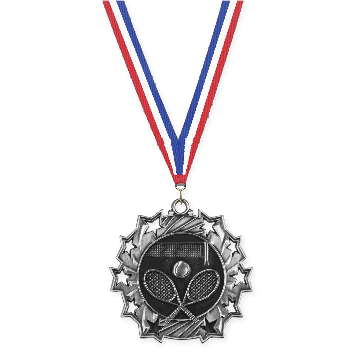 2 1/4 inch tennis Ten Star medal in antique silver with Red White Blue neck ribbon