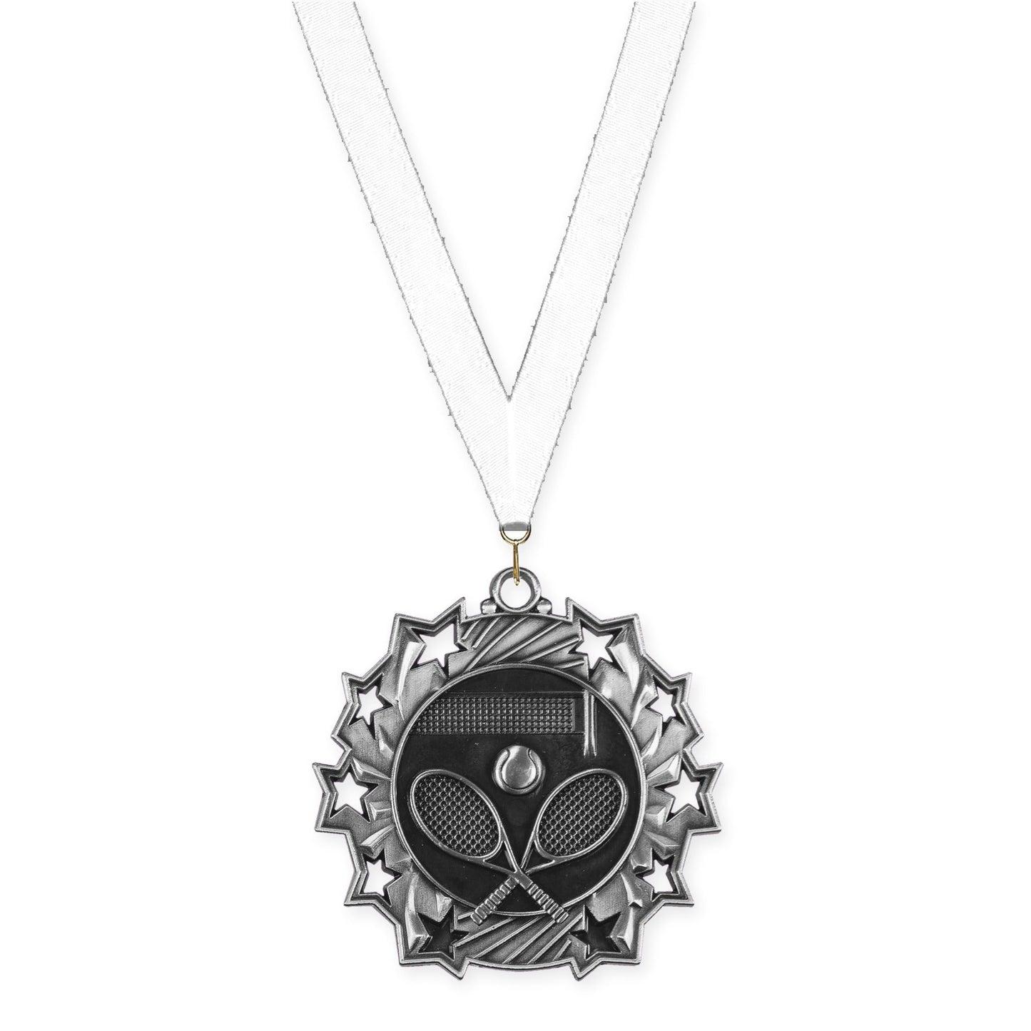 2 1/4 inch tennis Ten Star medal in antique silver with White neck ribbon
