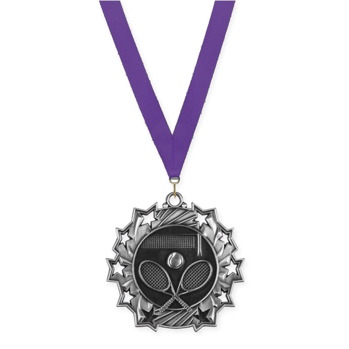 2 1/4 inch tennis Ten Star medal in antique silver with Purple neck ribbon