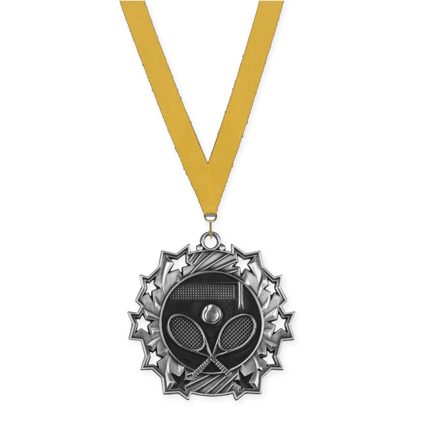 2 1/4 inch tennis Ten Star medal in antique silver with Gold neck ribbon