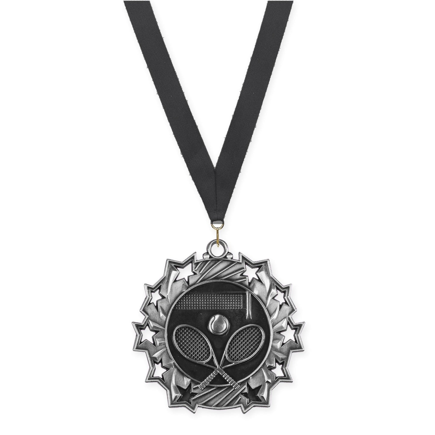 2 1/4 inch tennis Ten Star medal in antique silver with Black neck ribbon