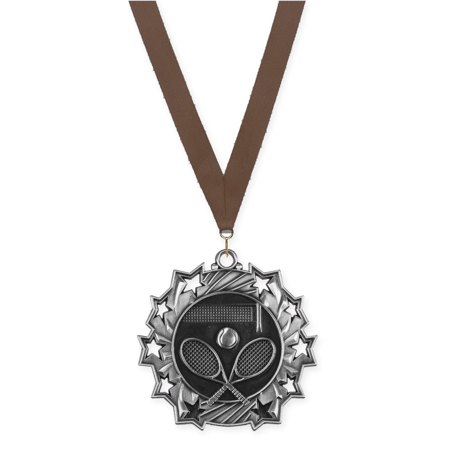 2 1/4 inch tennis Ten Star medal in antique silver with Brown neck ribbon