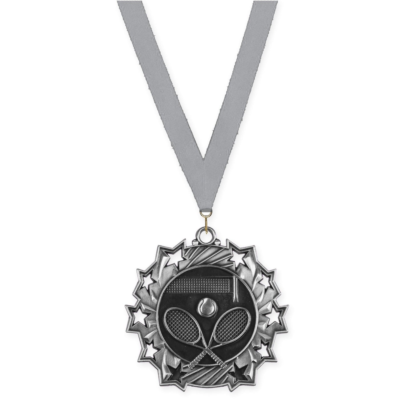 2 1/4 inch tennis Ten Star medal in antique silver with Gray neck ribbon