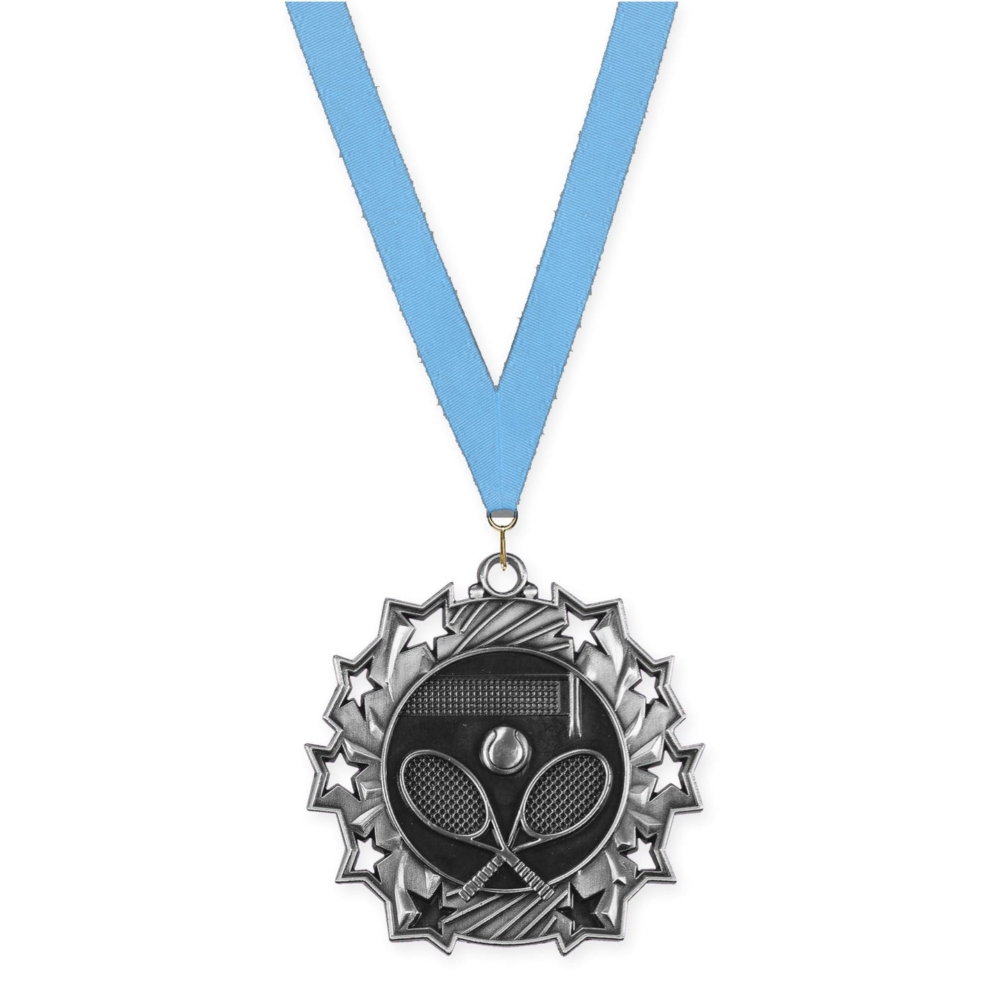 2 1/4 inch tennis Ten Star medal in antique silver with Light Blue neck ribbon