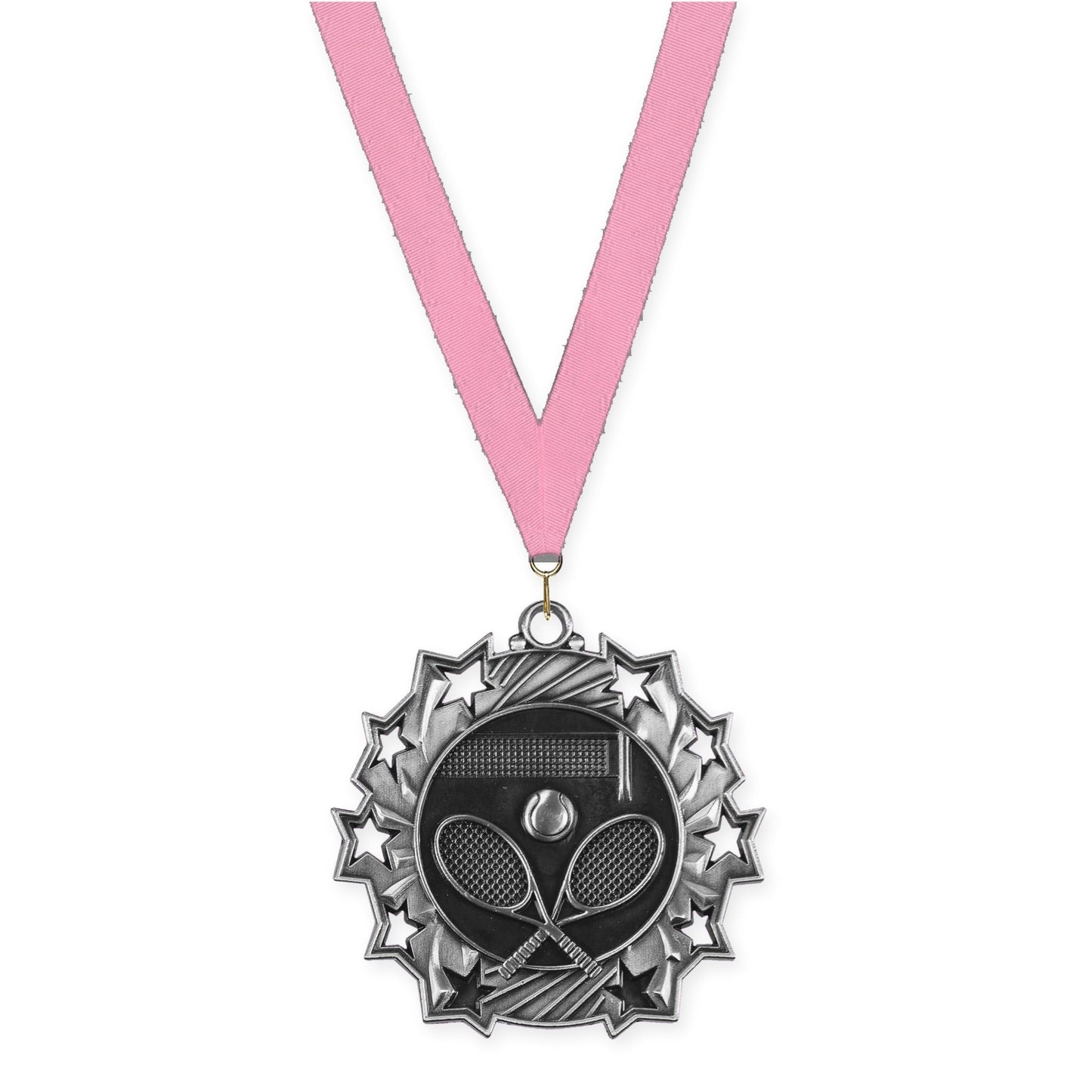 2 1/4 inch tennis Ten Star medal in antique silver with Pink neck ribbon