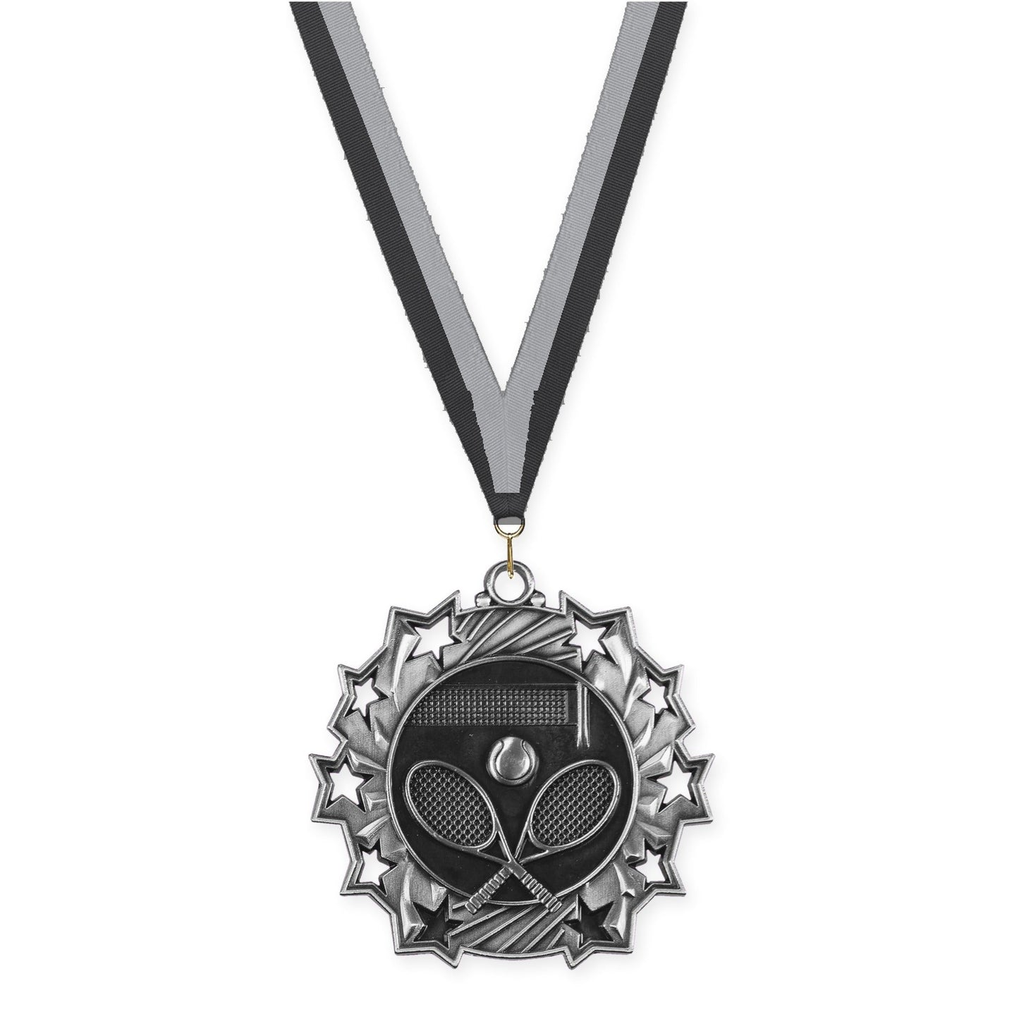 2 1/4 inch tennis Ten Star medal in antique silver with Black Gray neck ribbon