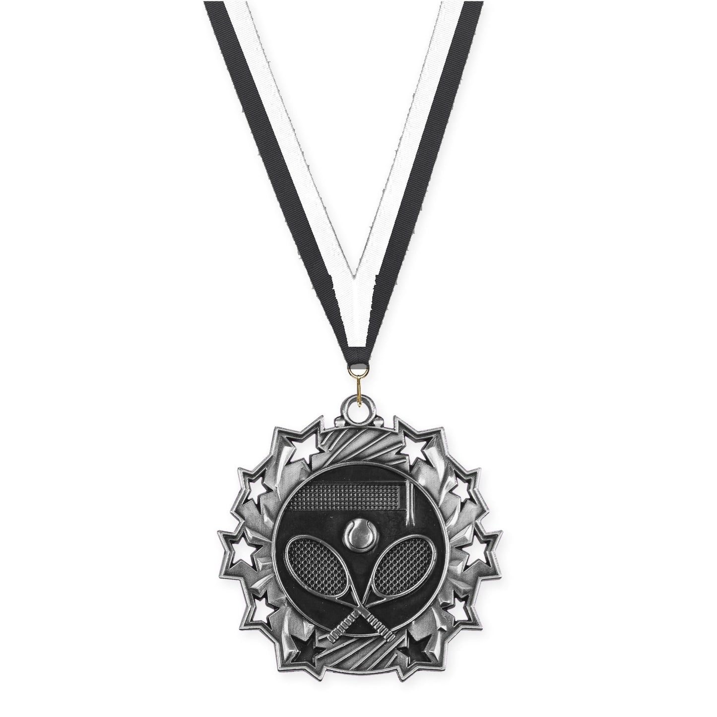 2 1/4 inch tennis Ten Star medal in antique silver with Black White neck ribbon