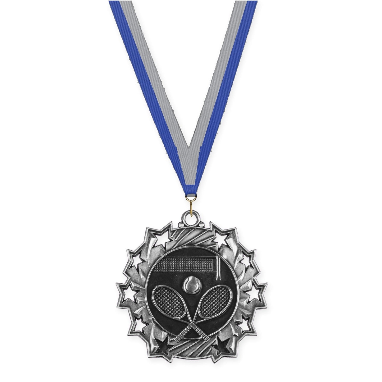 2 1/4 inch tennis Ten Star medal in antique silver with Blue Gray neck ribbon