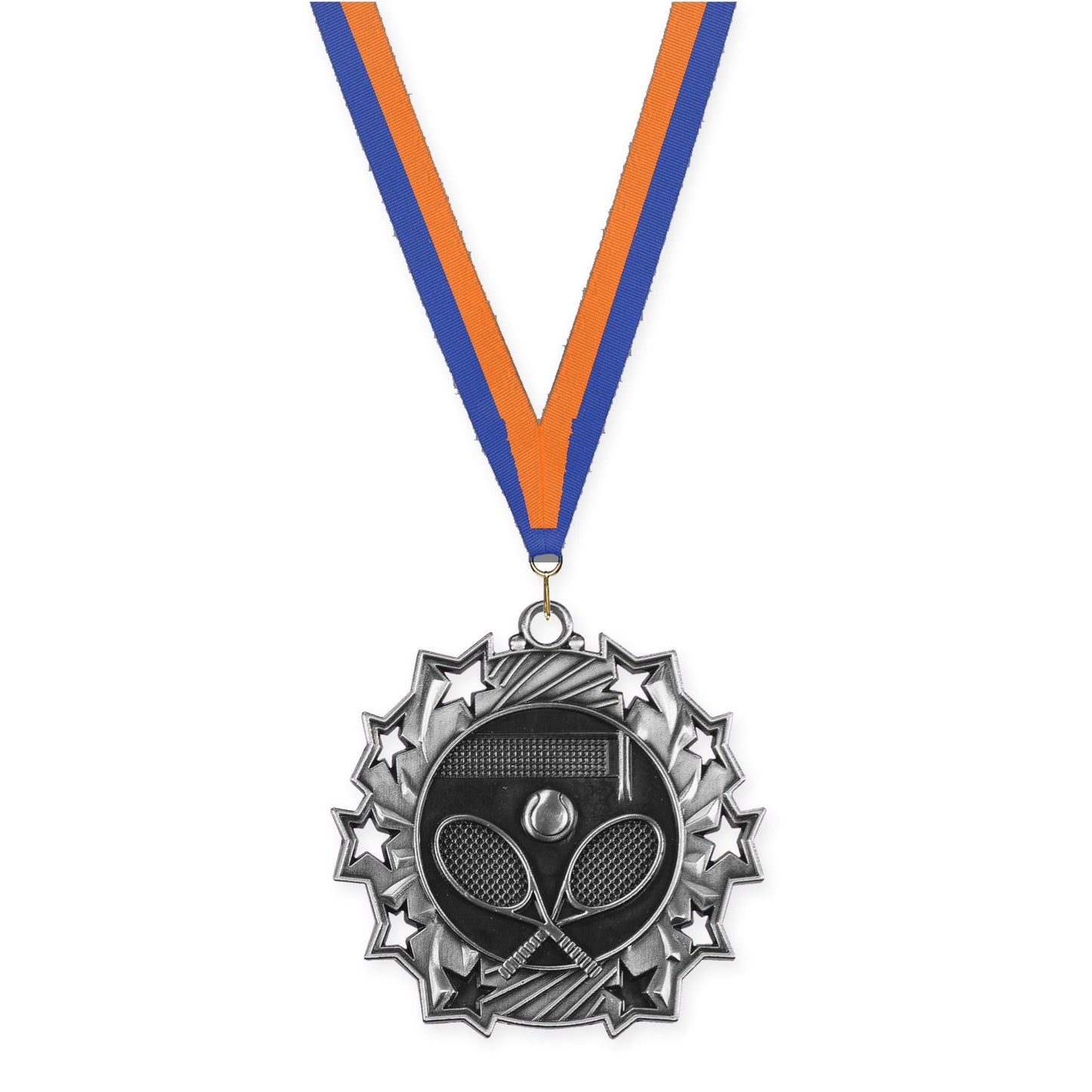 2 1/4 inch tennis Ten Star medal in antique silver with Blue Orange neck ribbon