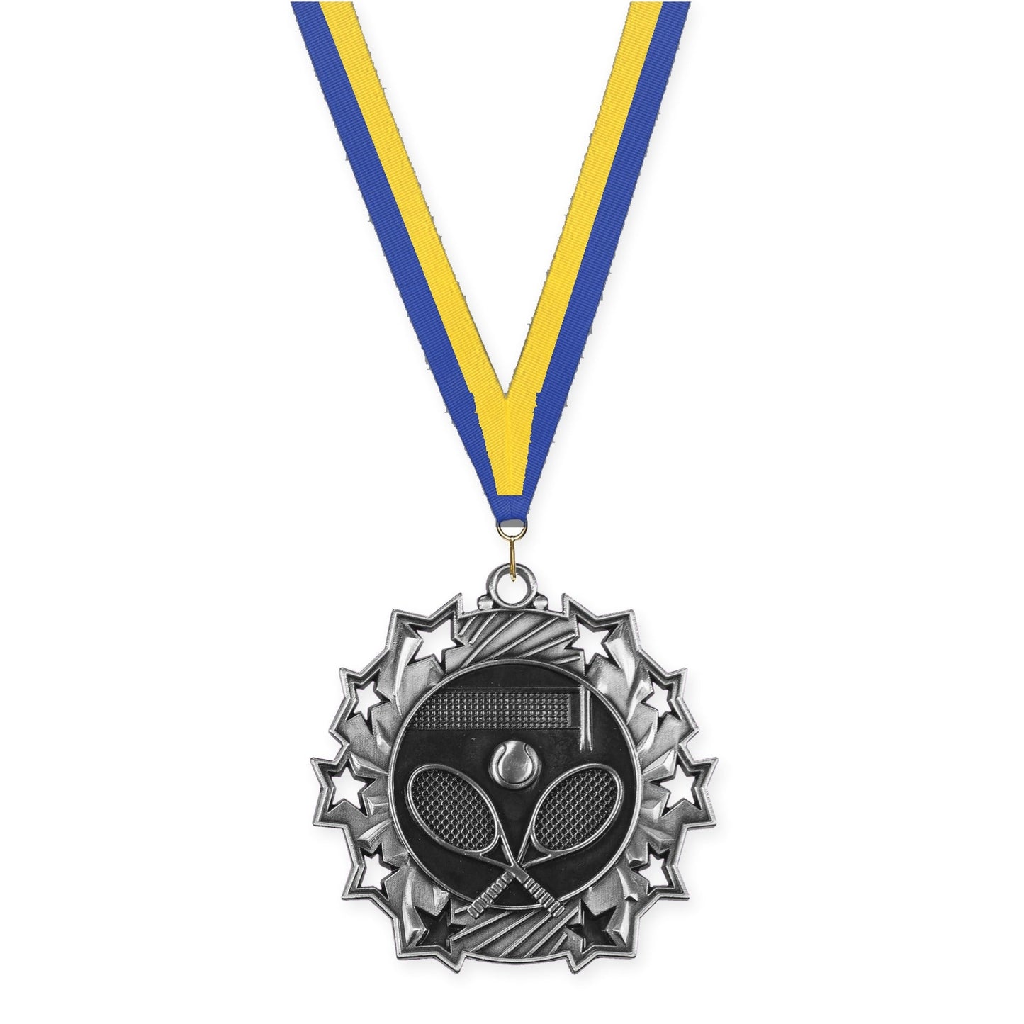 2 1/4 inch tennis Ten Star medal in antique silver with Blue Yellow neck ribbon