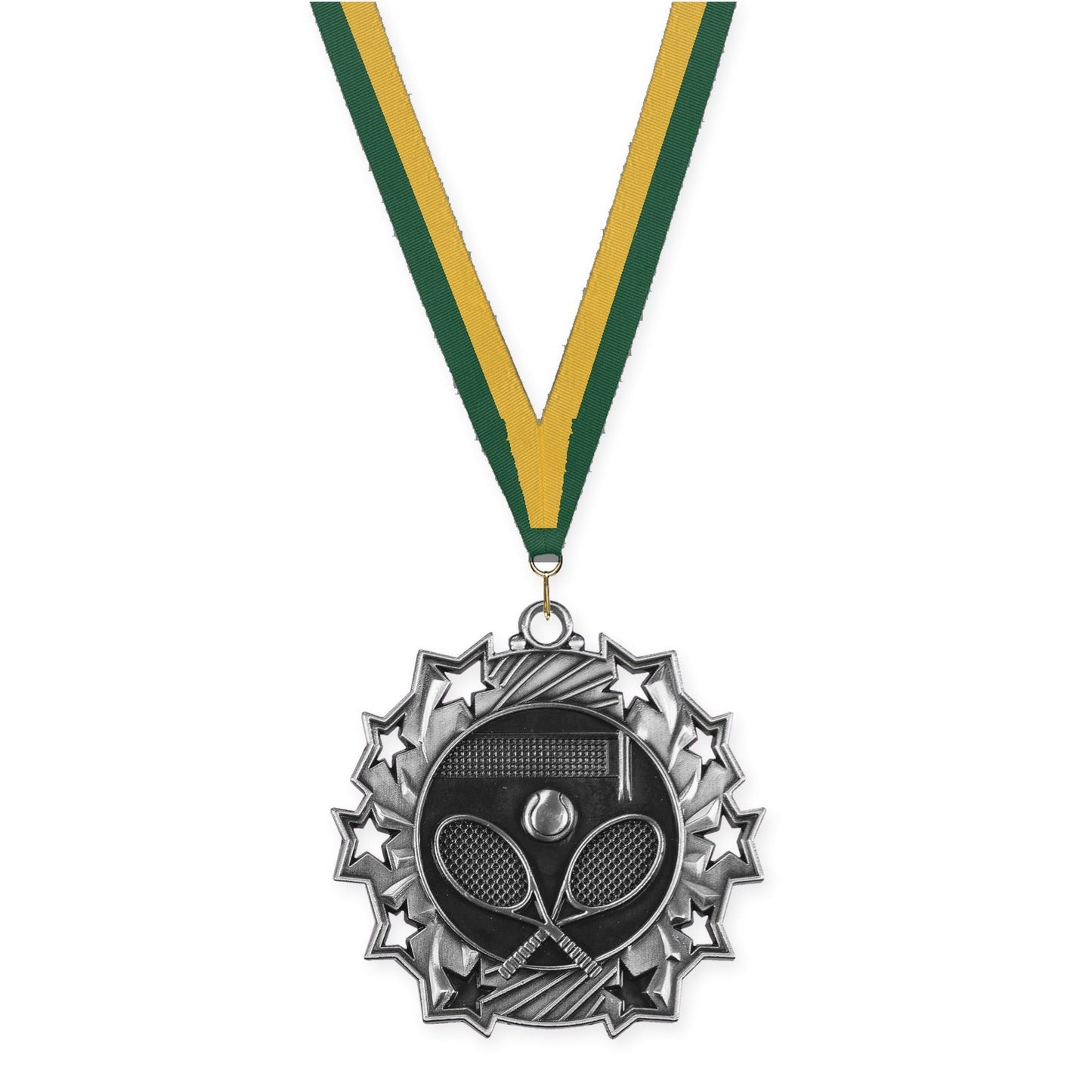 2 1/4 inch tennis Ten Star medal in antique silver with Hunter Green Gold neck ribbon