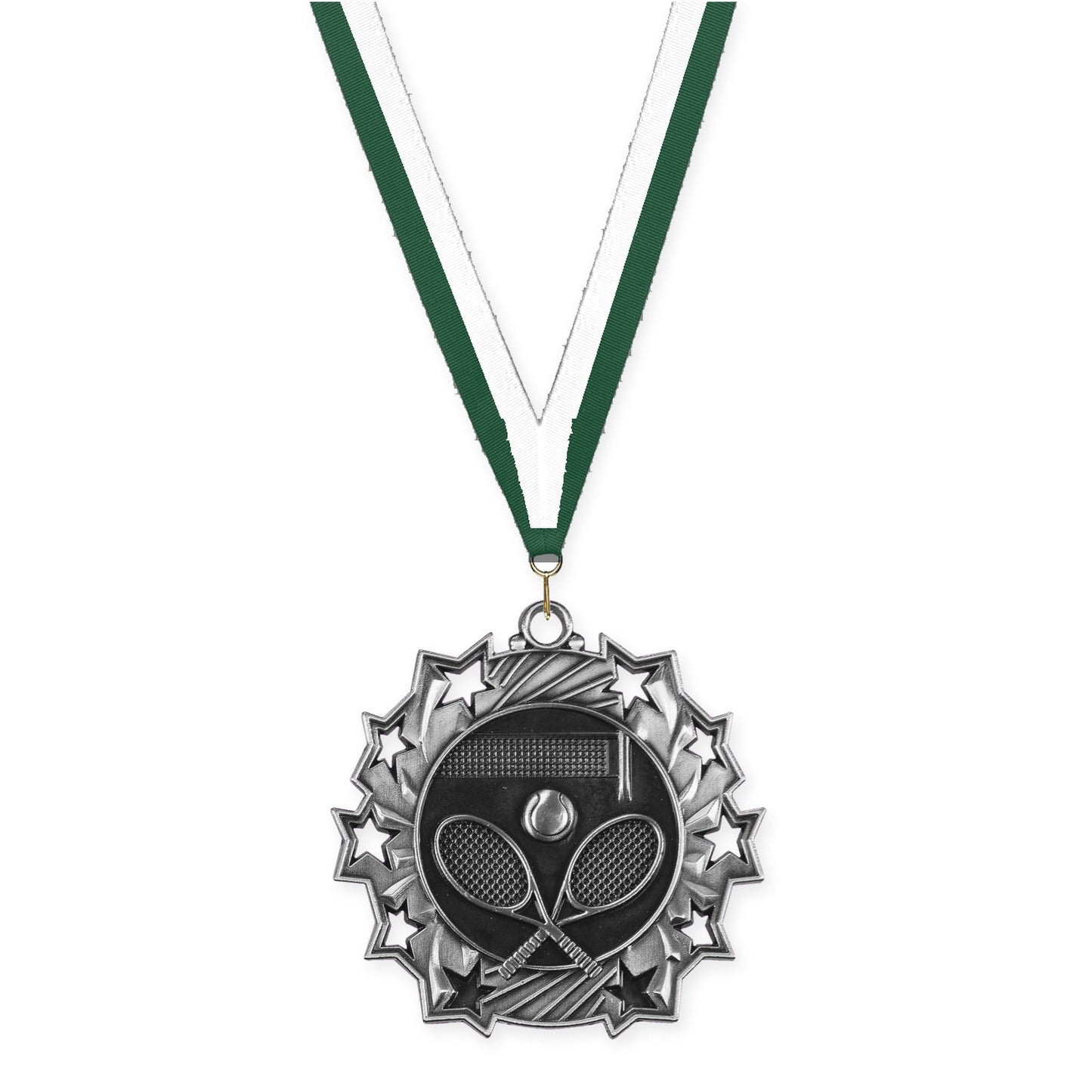 2 1/4 inch tennis Ten Star medal in antique silver with Hunter Green White neck ribbon