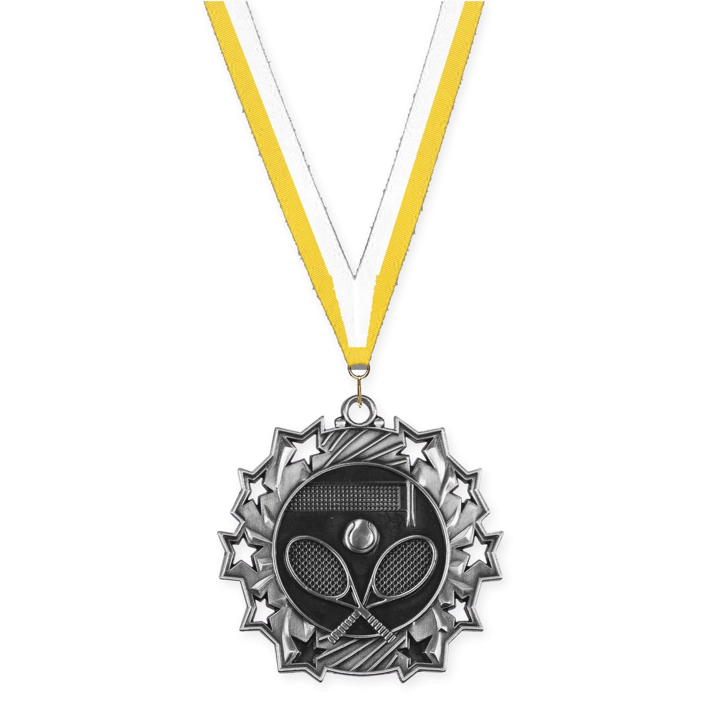 2 1/4 inch tennis Ten Star medal in antique silver with Yellow White neck ribbon