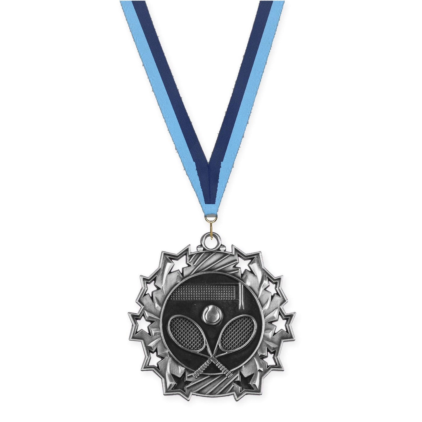2 1/4 inch tennis Ten Star medal in antique silver with Light Blue Navy neck ribbon