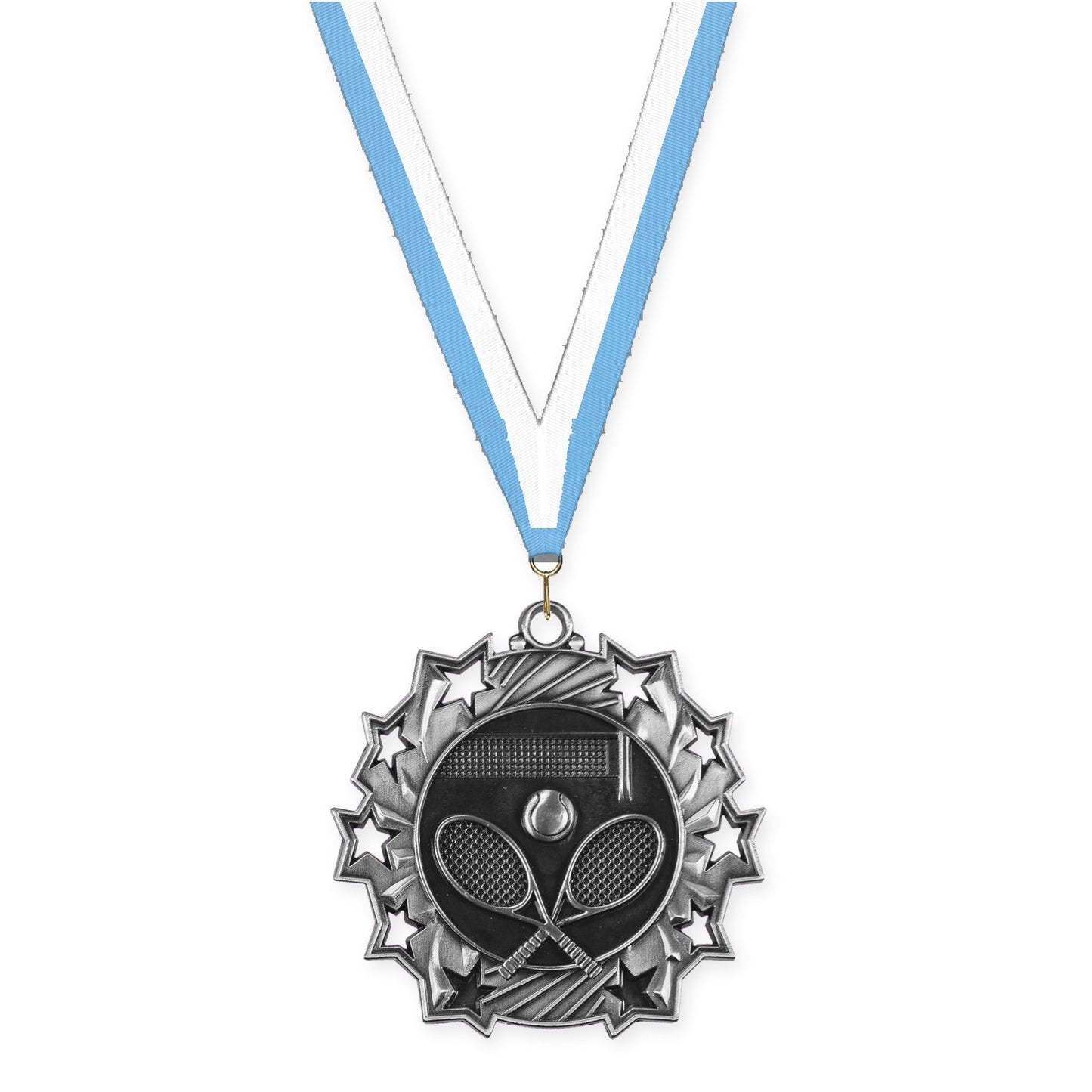 2 1/4 inch tennis Ten Star medal in antique silver with Light Blue White neck ribbon
