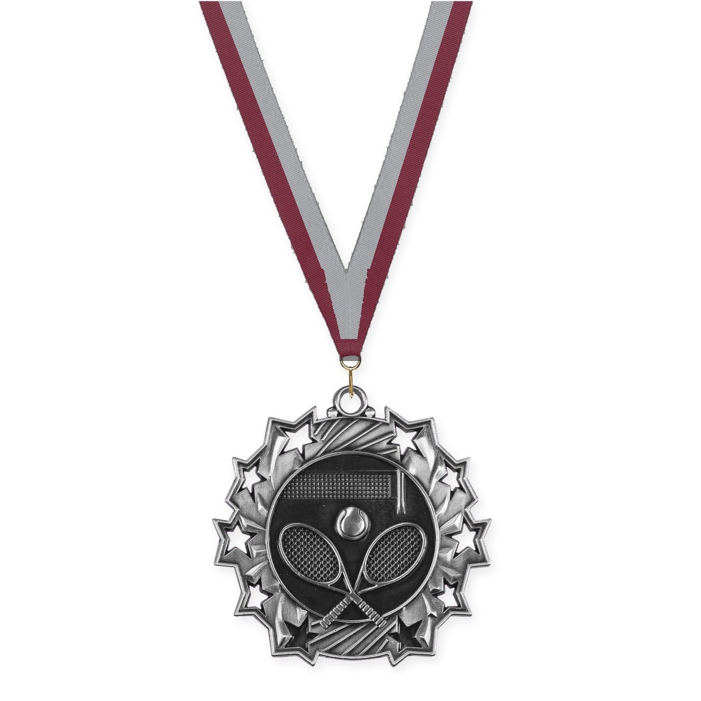 2 1/4 inch tennis Ten Star medal in antique silver with Maroon Gray neck ribbon