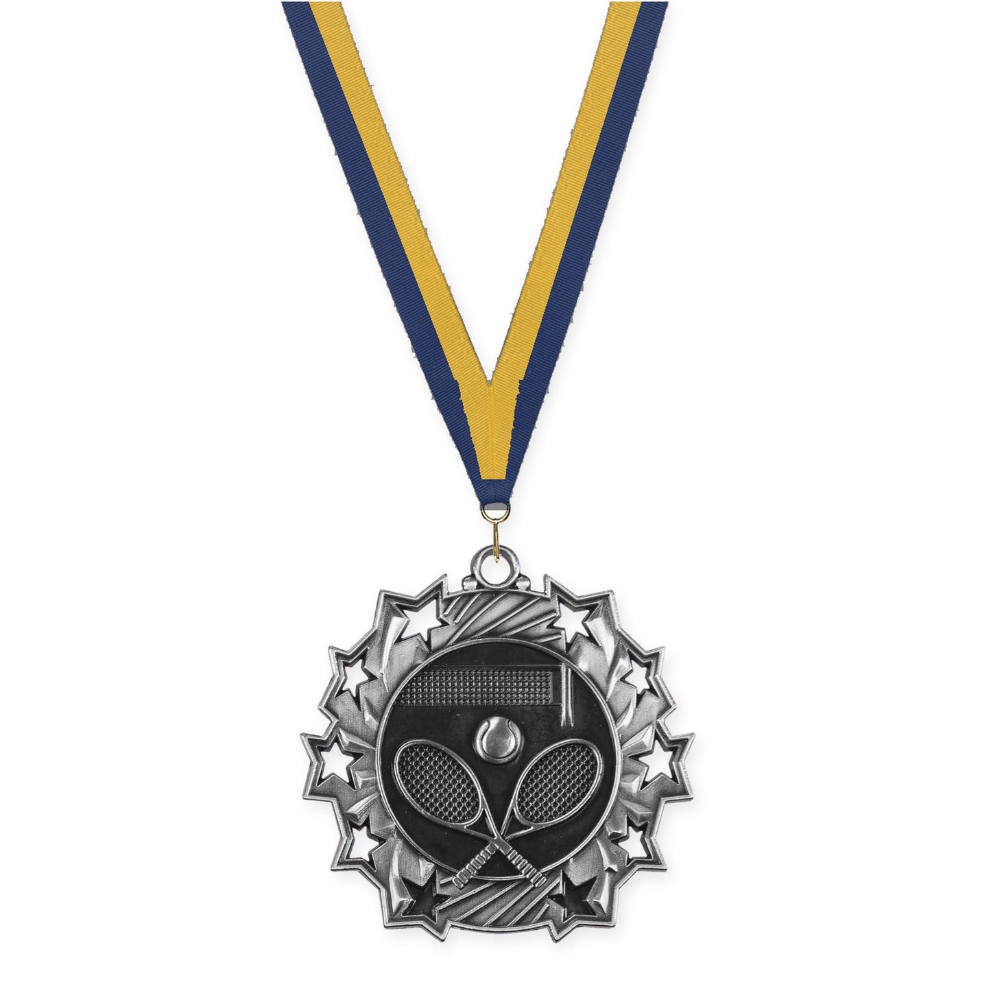 2 1/4 inch tennis Ten Star medal in antique silver with Navy Gold neck ribbon