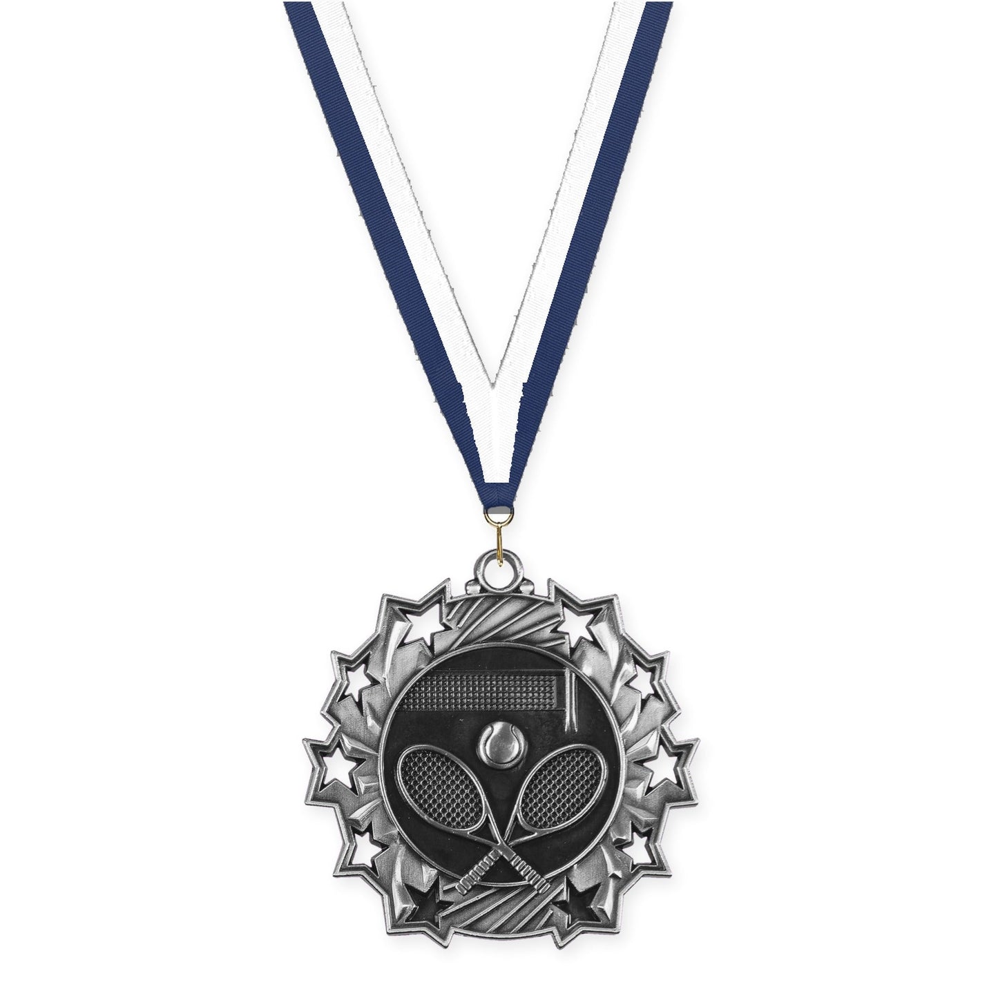 2 1/4 inch tennis Ten Star medal in antique silver with Navy White neck ribbon