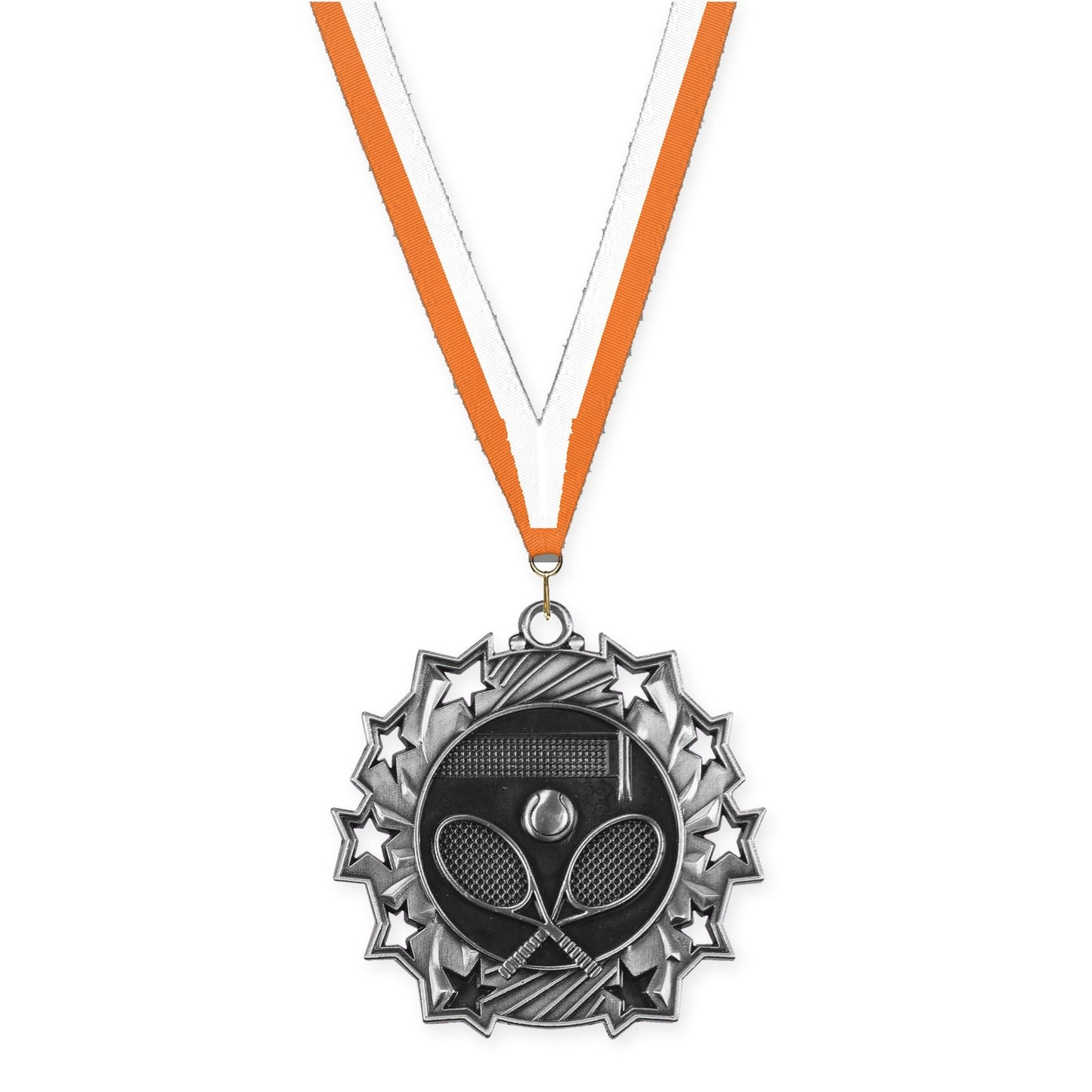2 1/4 inch tennis Ten Star medal in antique silver with Orange White neck ribbon