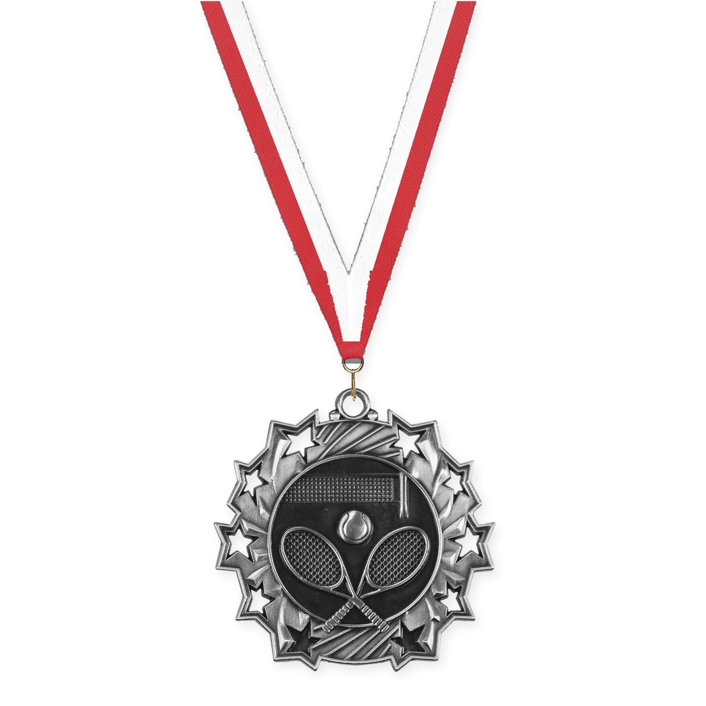 2 1/4 inch tennis Ten Star medal in antique silver with Red White neck ribbon