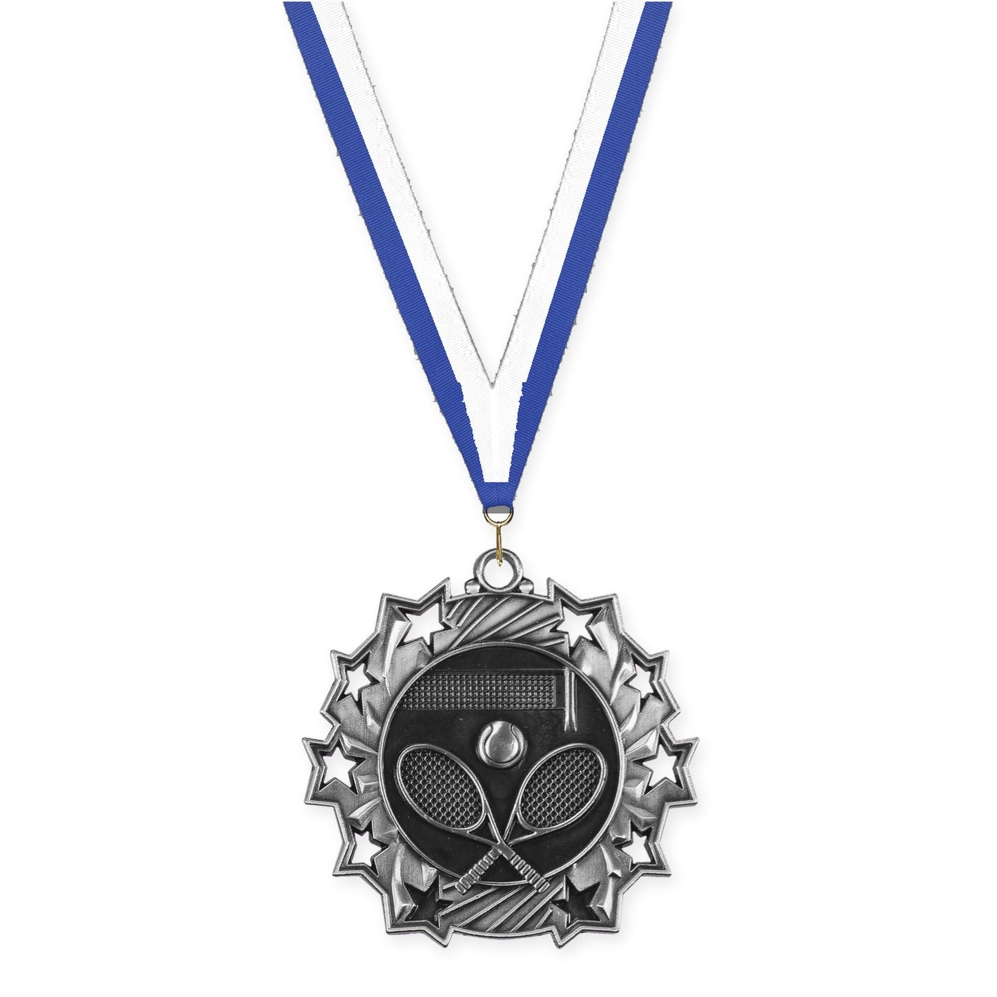 2 1/4 inch tennis Ten Star medal in antique silver with Blue White neck ribbon