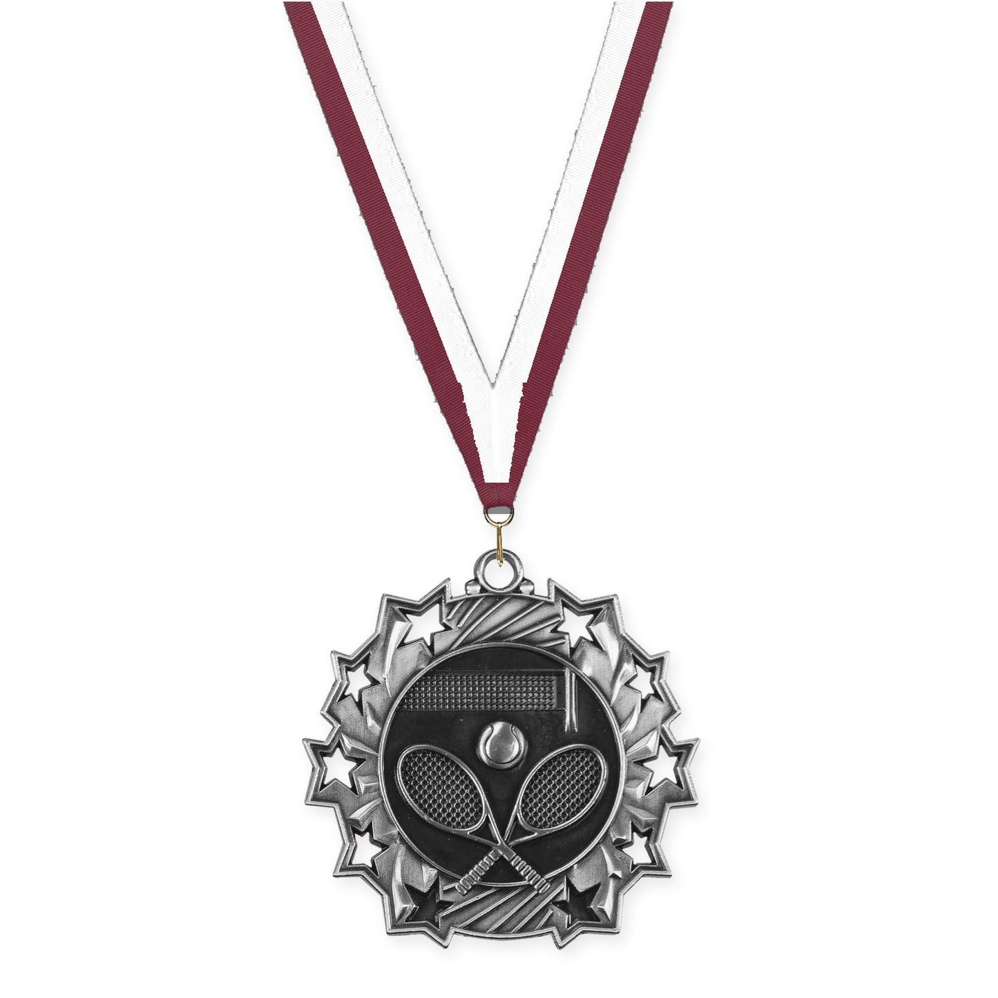 2 1/4 inch tennis Ten Star medal in antique silver with Maroon White neck ribbon