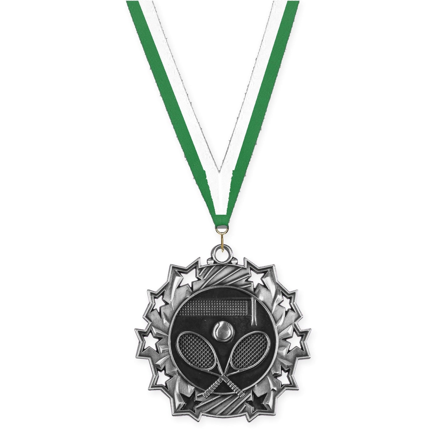 2 1/4 inch tennis Ten Star medal in antique silver with Green White neck ribbon