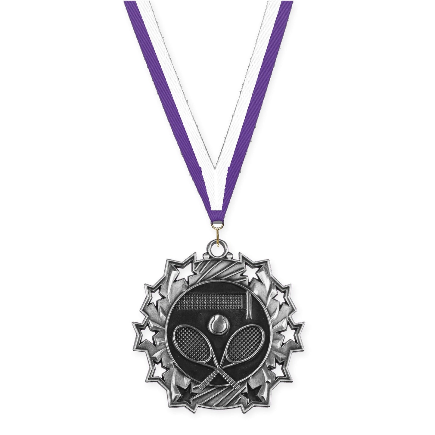 2 1/4 inch tennis Ten Star medal in antique silver with Purple White neck ribbon