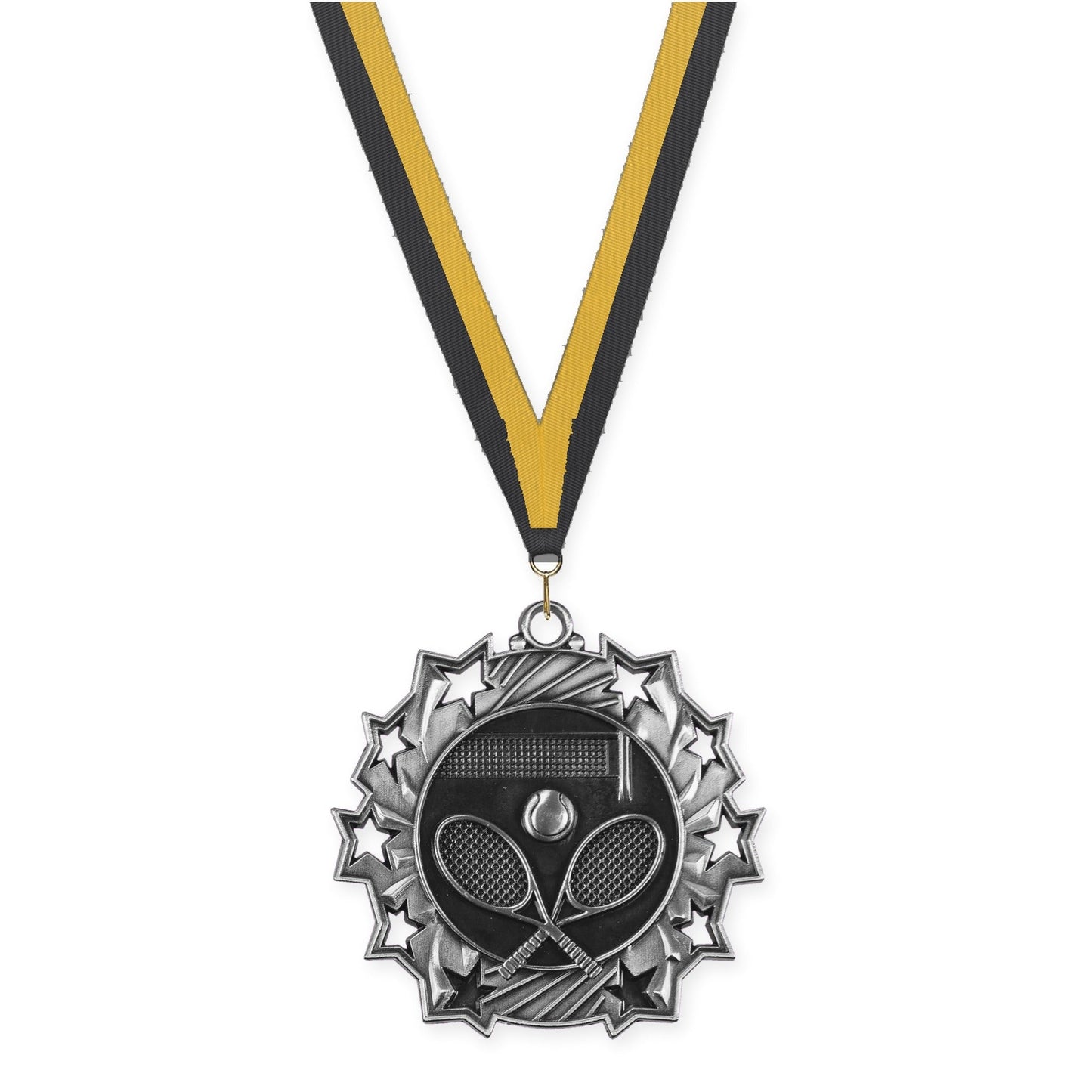 2 1/4 inch tennis Ten Star medal in antique silver with Black Gold neck ribbon