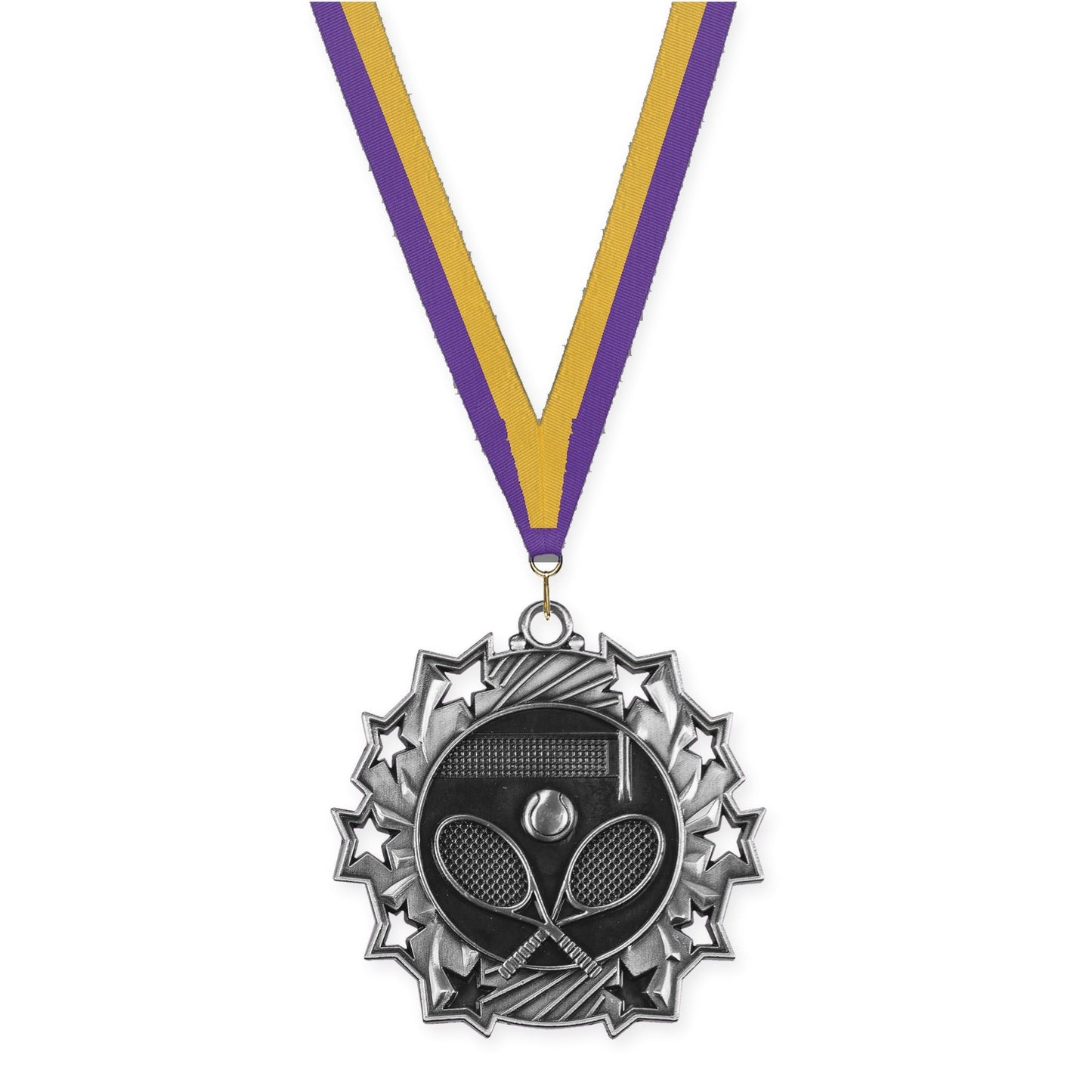 2 1/4 inch tennis Ten Star medal in antique silver with Purple Gold neck ribbon