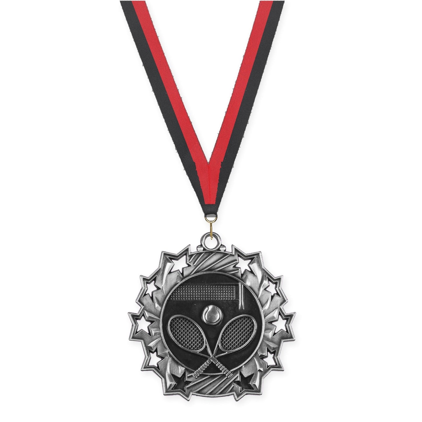 2 1/4 inch tennis Ten Star medal in antique silver with Black Red neck ribbon