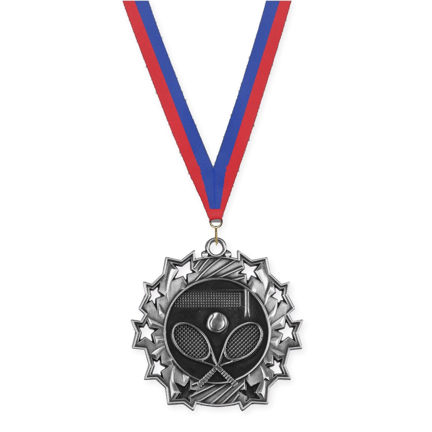 2 1/4 inch tennis Ten Star medal in antique silver with Blue Red neck ribbon
