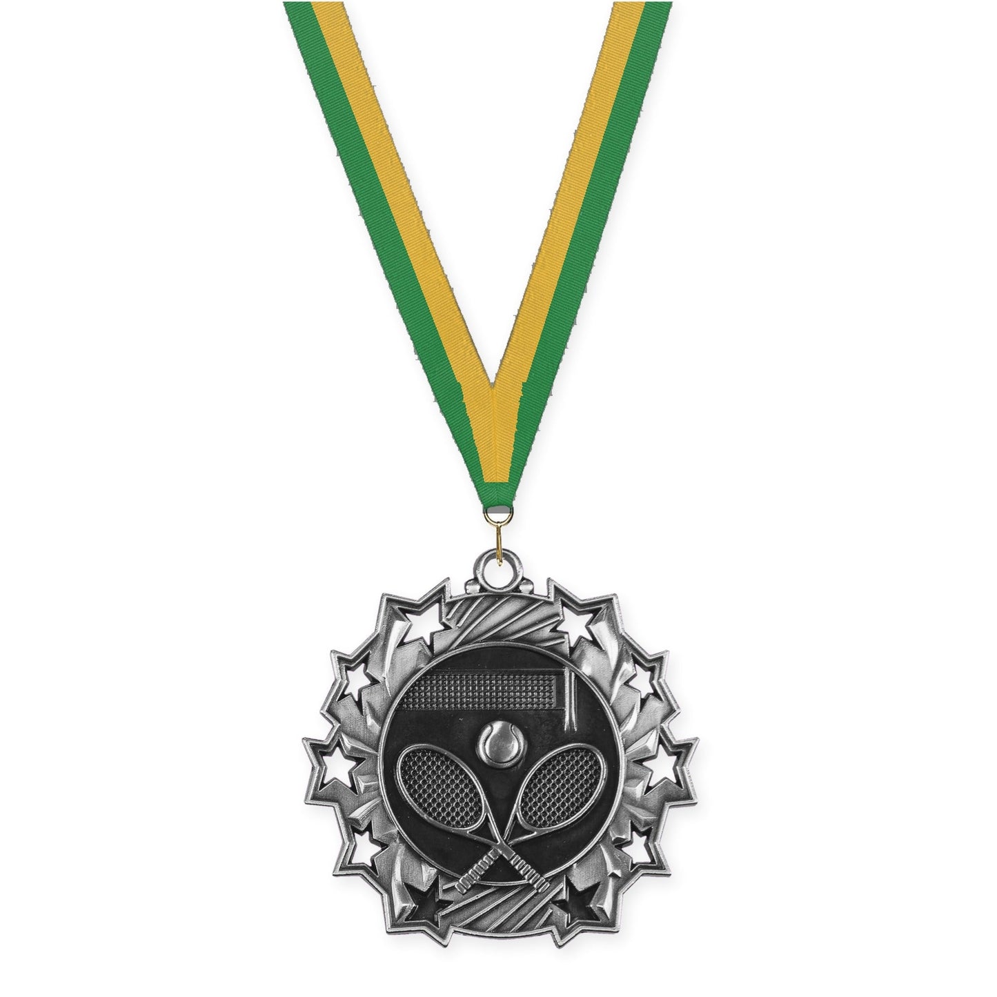 2 1/4 inch tennis Ten Star medal in antique silver with Green Gold neck ribbon