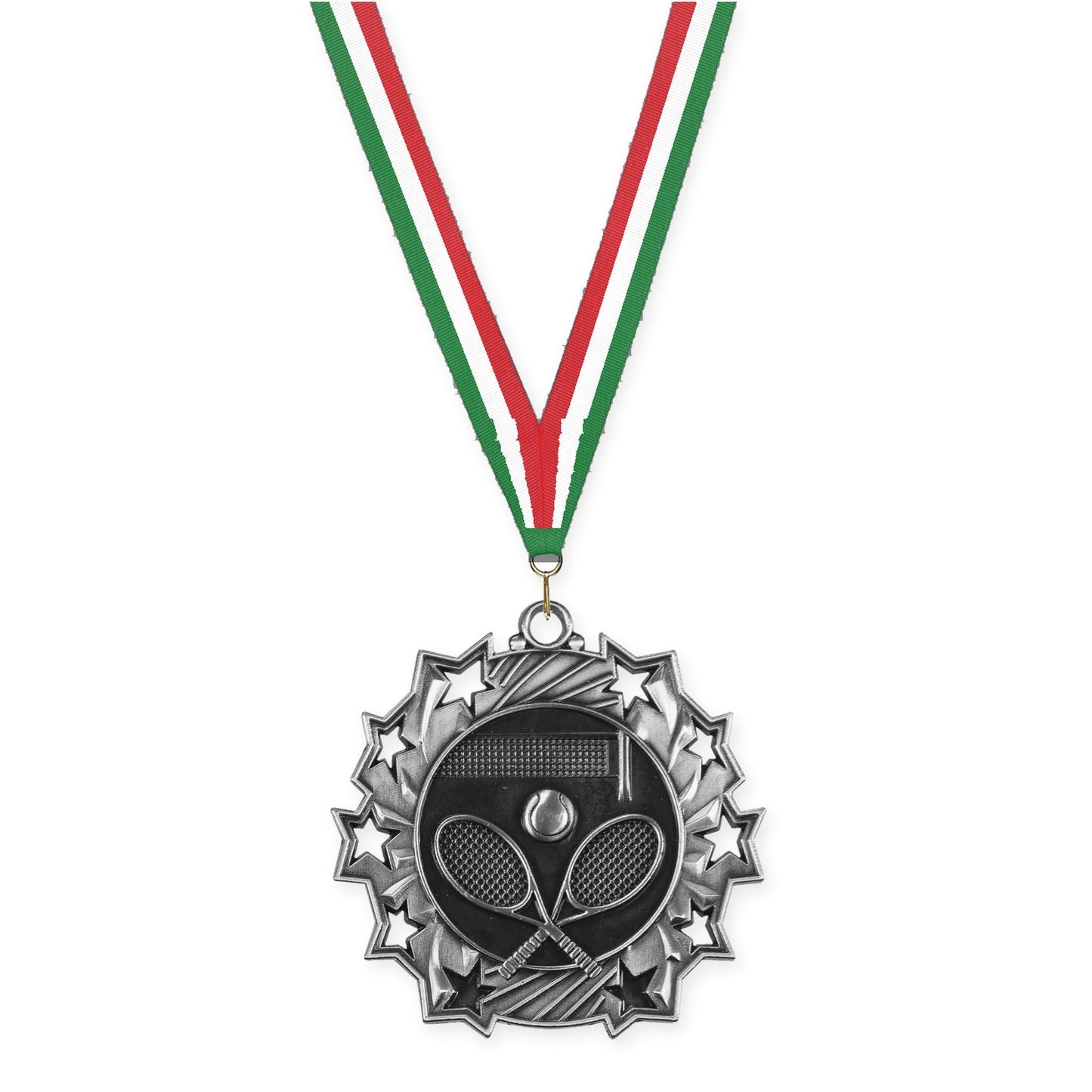 2 1/4 inch tennis Ten Star medal in antique silver with Green White Red neck ribbon