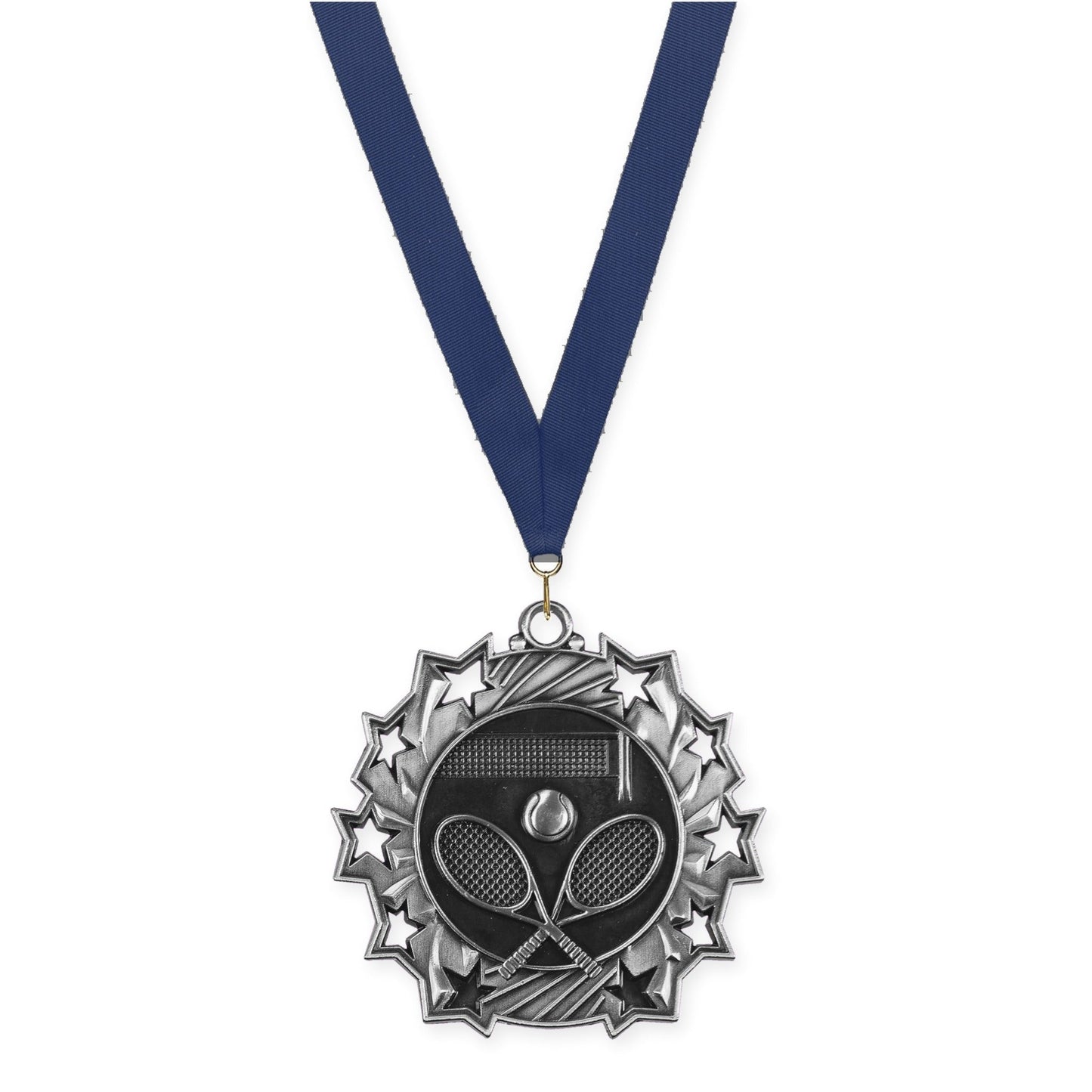 2 1/4 inch tennis Ten Star medal in antique silver with Navy neck ribbon