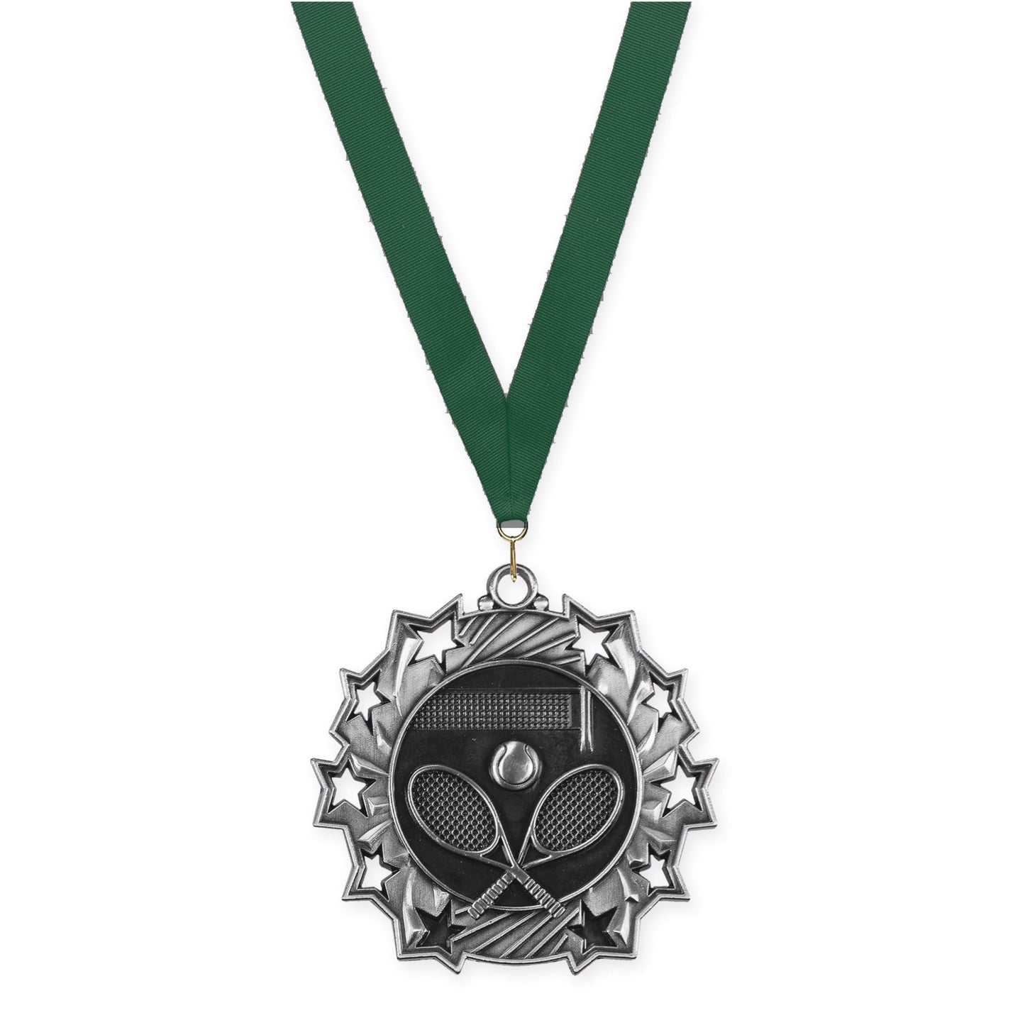 2 1/4 inch tennis Ten Star medal in antique silver with Hunter Green neck ribbon