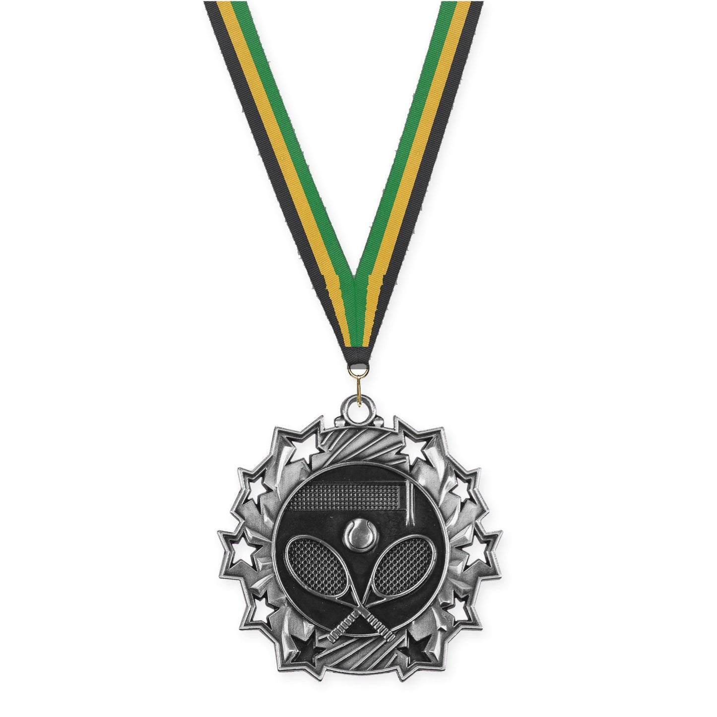 2 1/4 inch tennis Ten Star medal in antique silver with Black Gold Green neck ribbon
