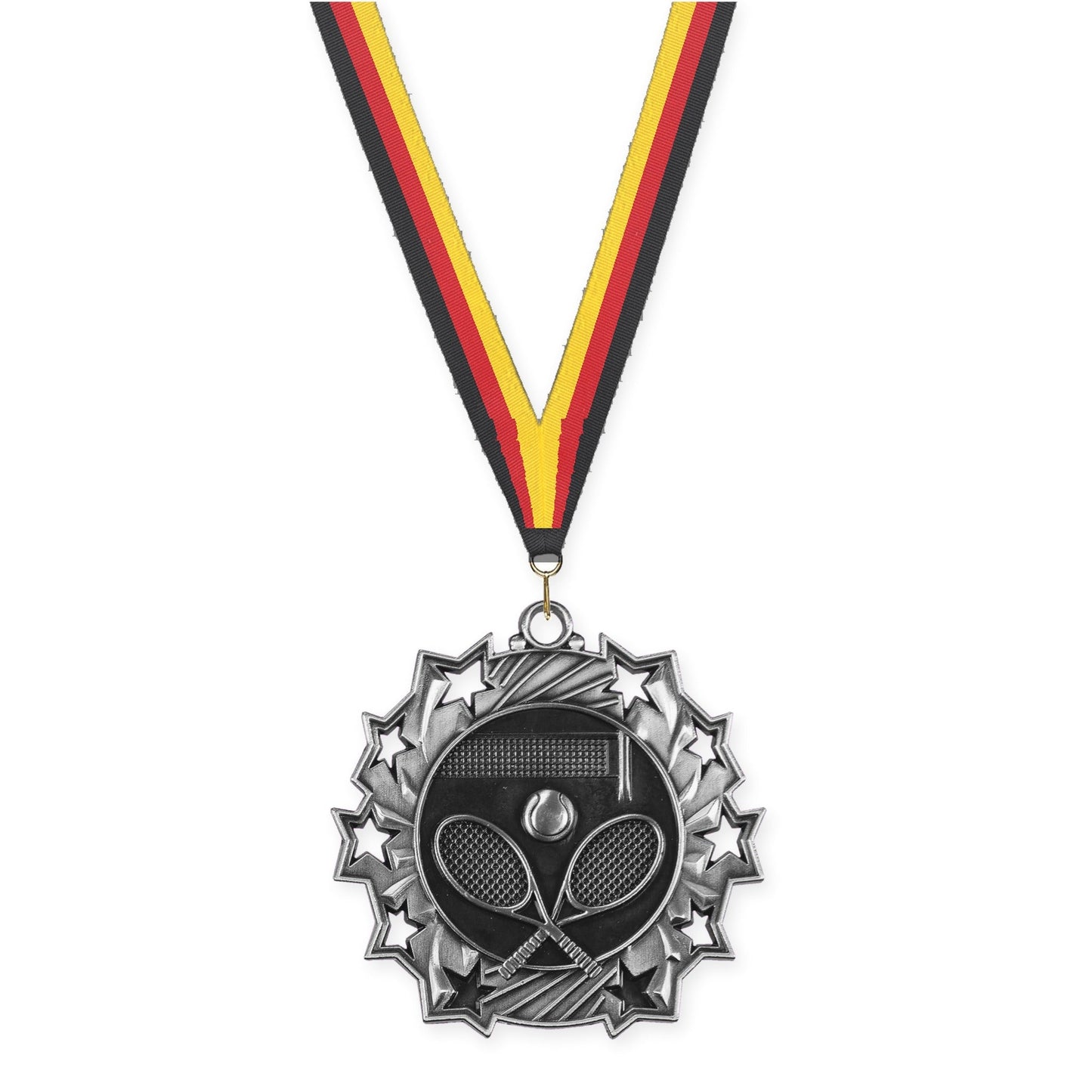 2 1/4 inch tennis Ten Star medal in antique silver with Black Red Yellow neck ribbon
