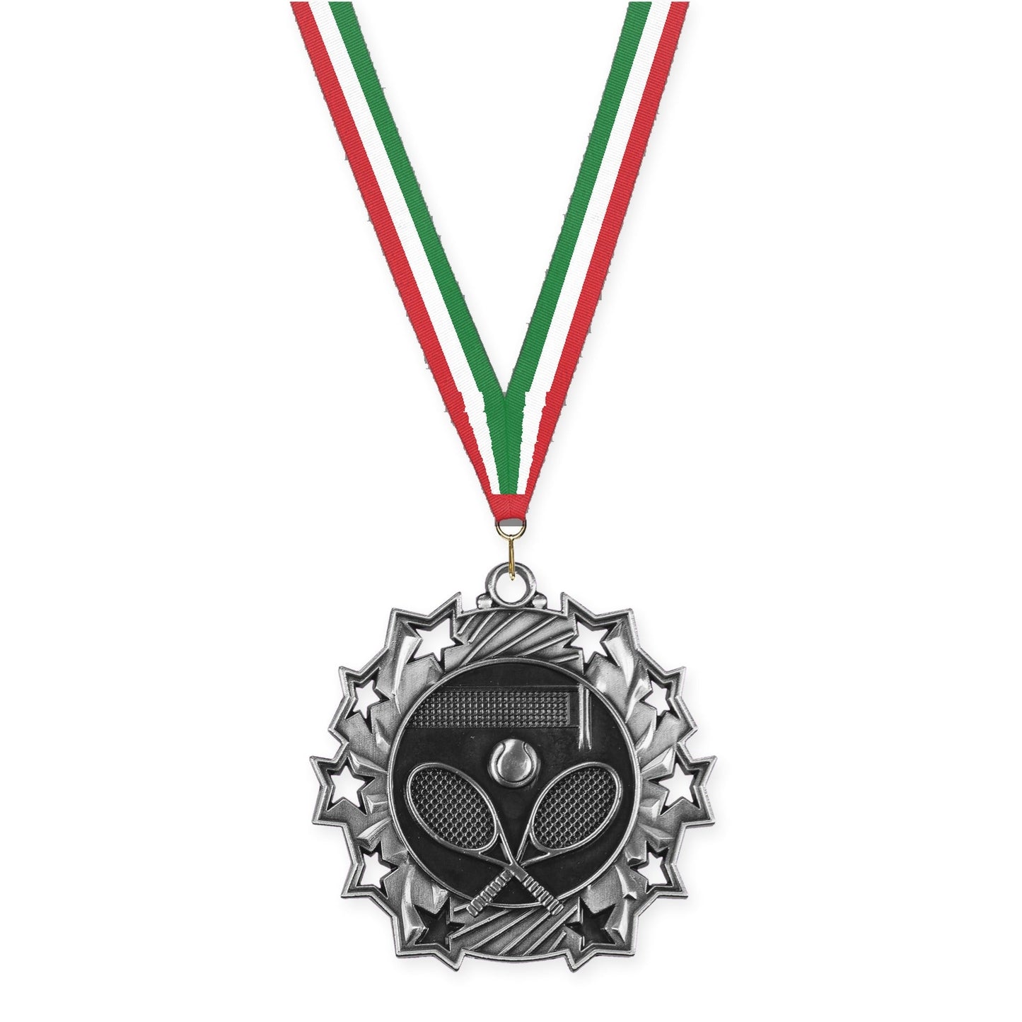2 1/4 inch tennis Ten Star medal in antique silver with Red White Green neck ribbon