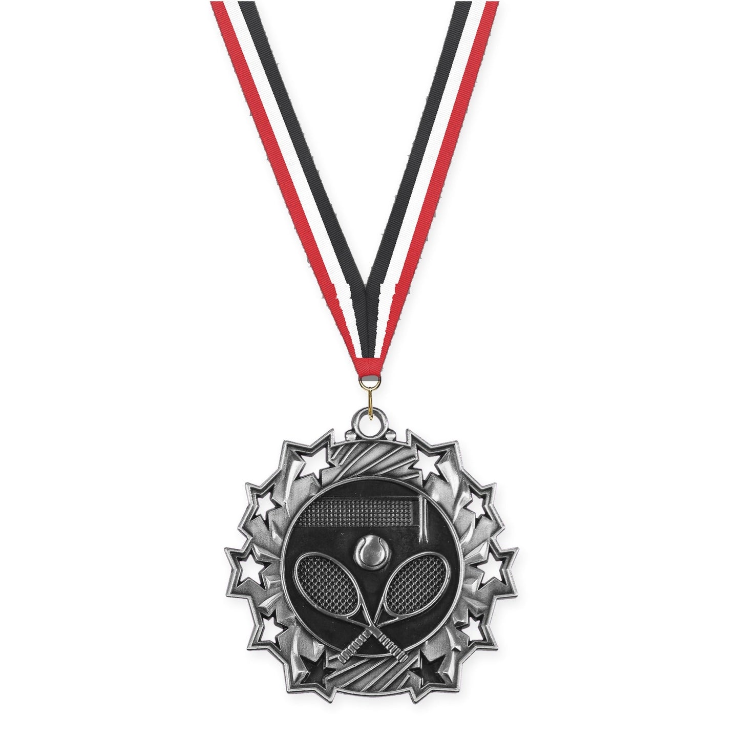 2 1/4 inch tennis Ten Star medal in antique silver with Red White Black neck ribbon