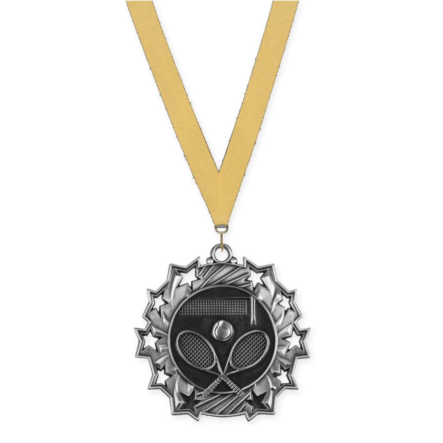 2 1/4 inch tennis Ten Star medal in antique silver with Gold Metallic neck ribbon