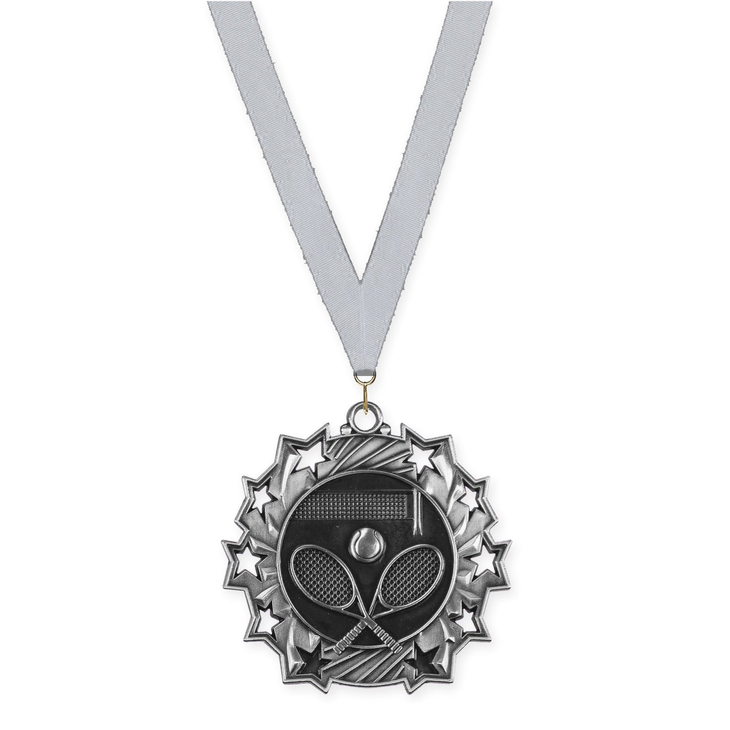 2 1/4 inch tennis Ten Star medal in antique silver with Silver Metallic neck ribbon