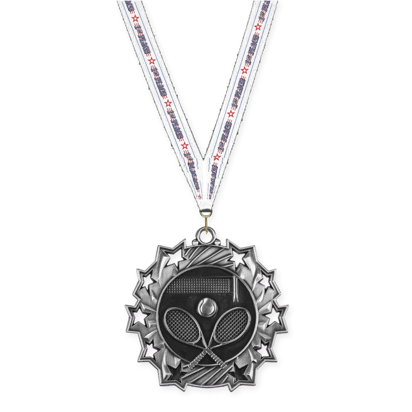 2 1/4 inch tennis Ten Star medal in antique silver with 1st Place neck ribbon